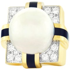 Vintage Massive 1960s Diamond, Pearl and Enamel Gold Ring