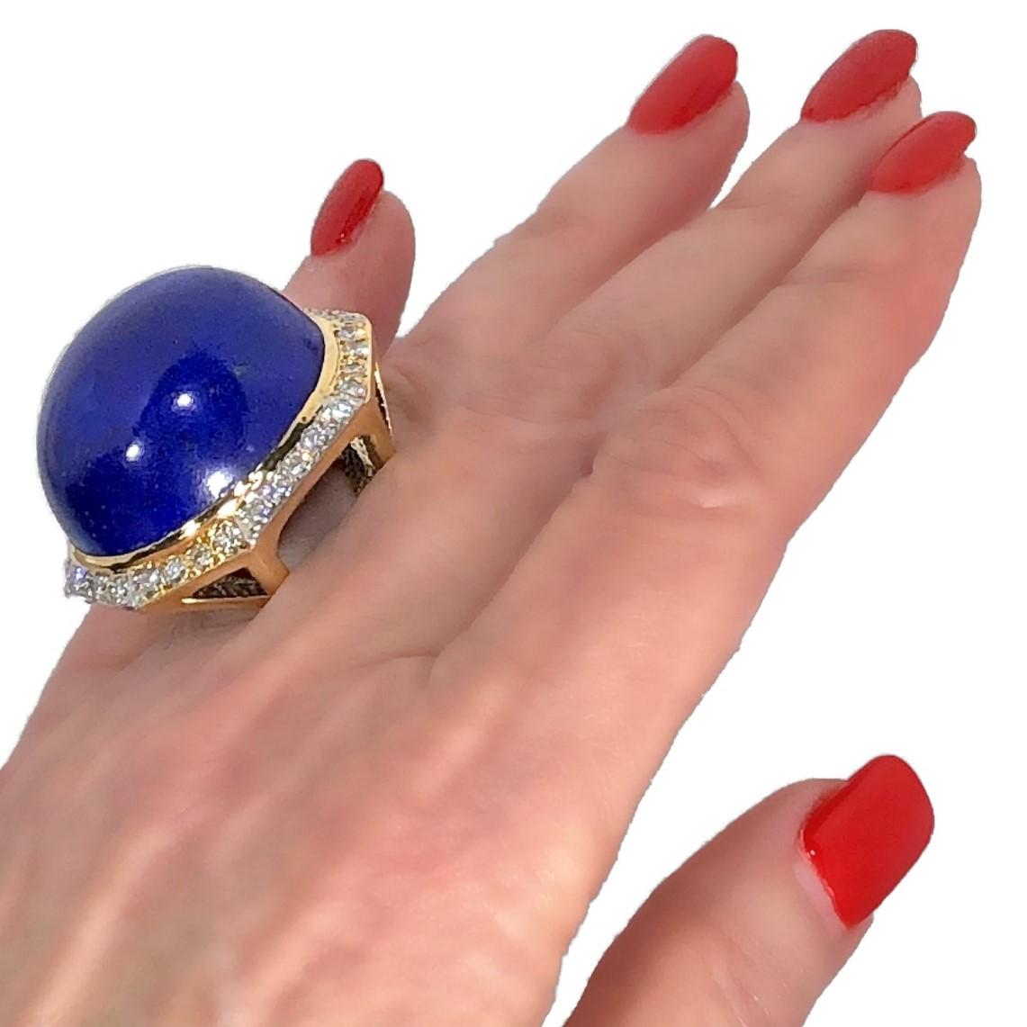 Massive Gold Cocktail Ring with 86 Carat Lapis-Lazuli Cabochon and Diamonds 8