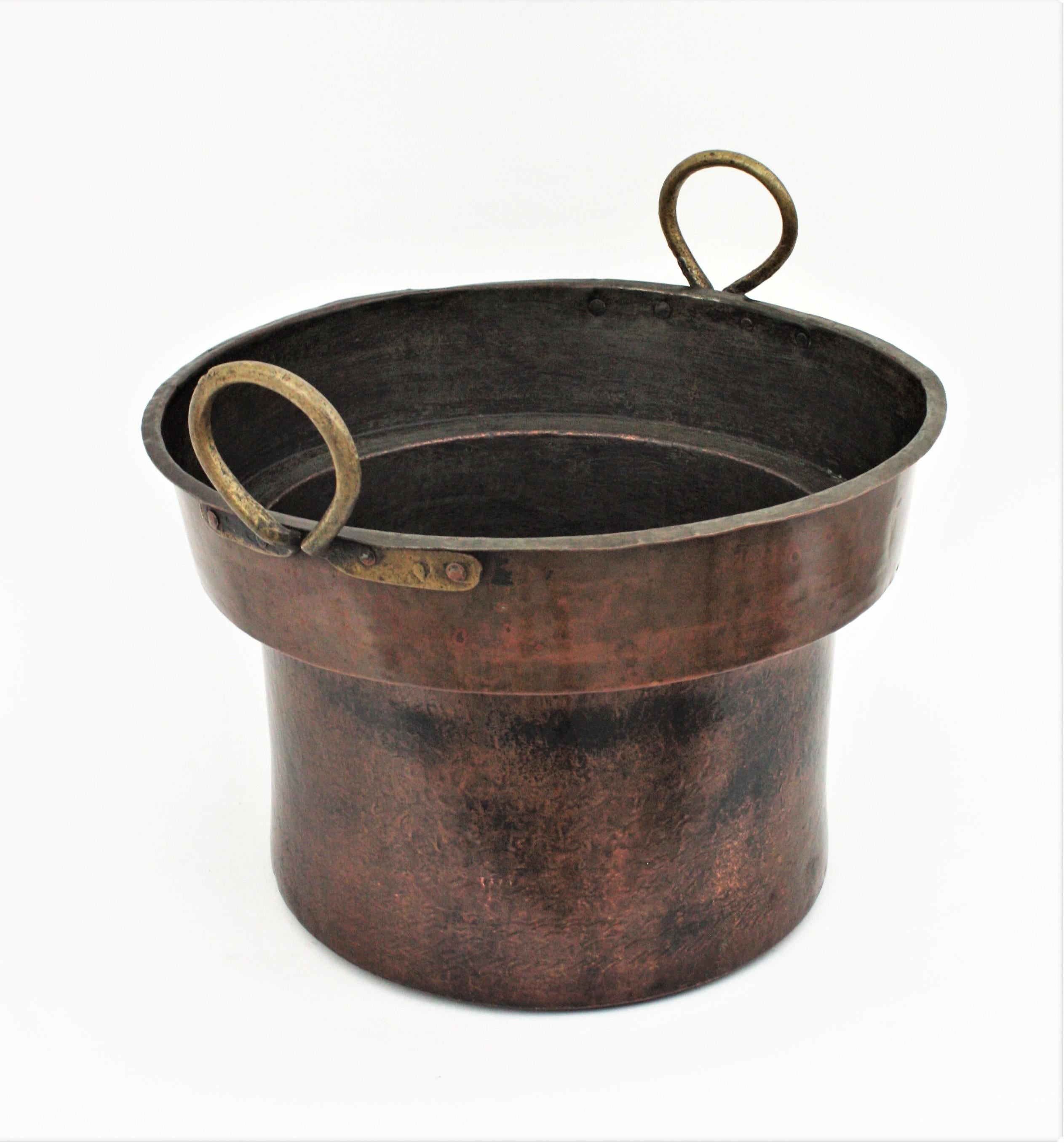 Massive 19th Century French Copper and Brass Cauldron with Handles 1