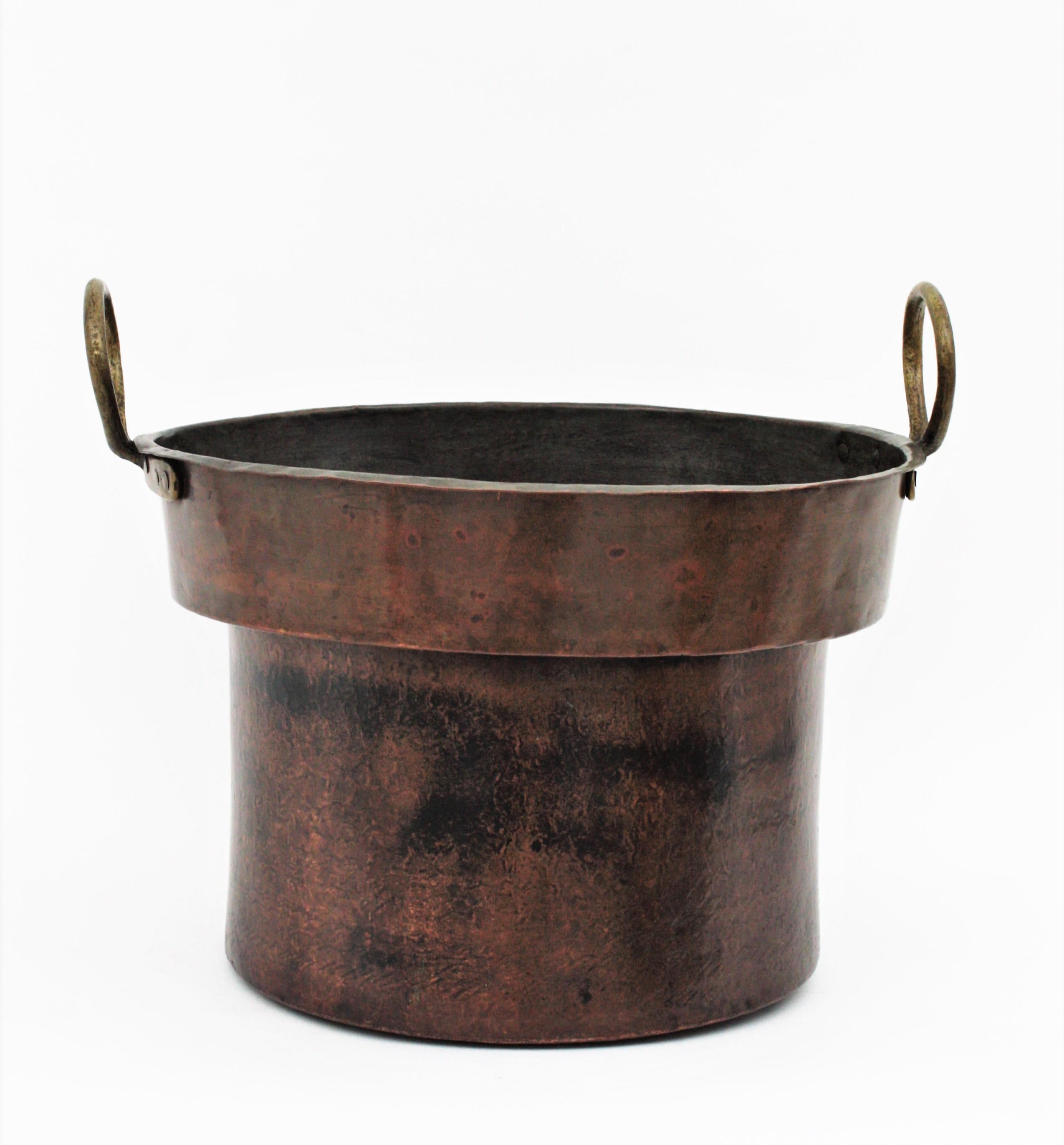 Massive 19th Century French Copper and Brass Cauldron with Handles 2