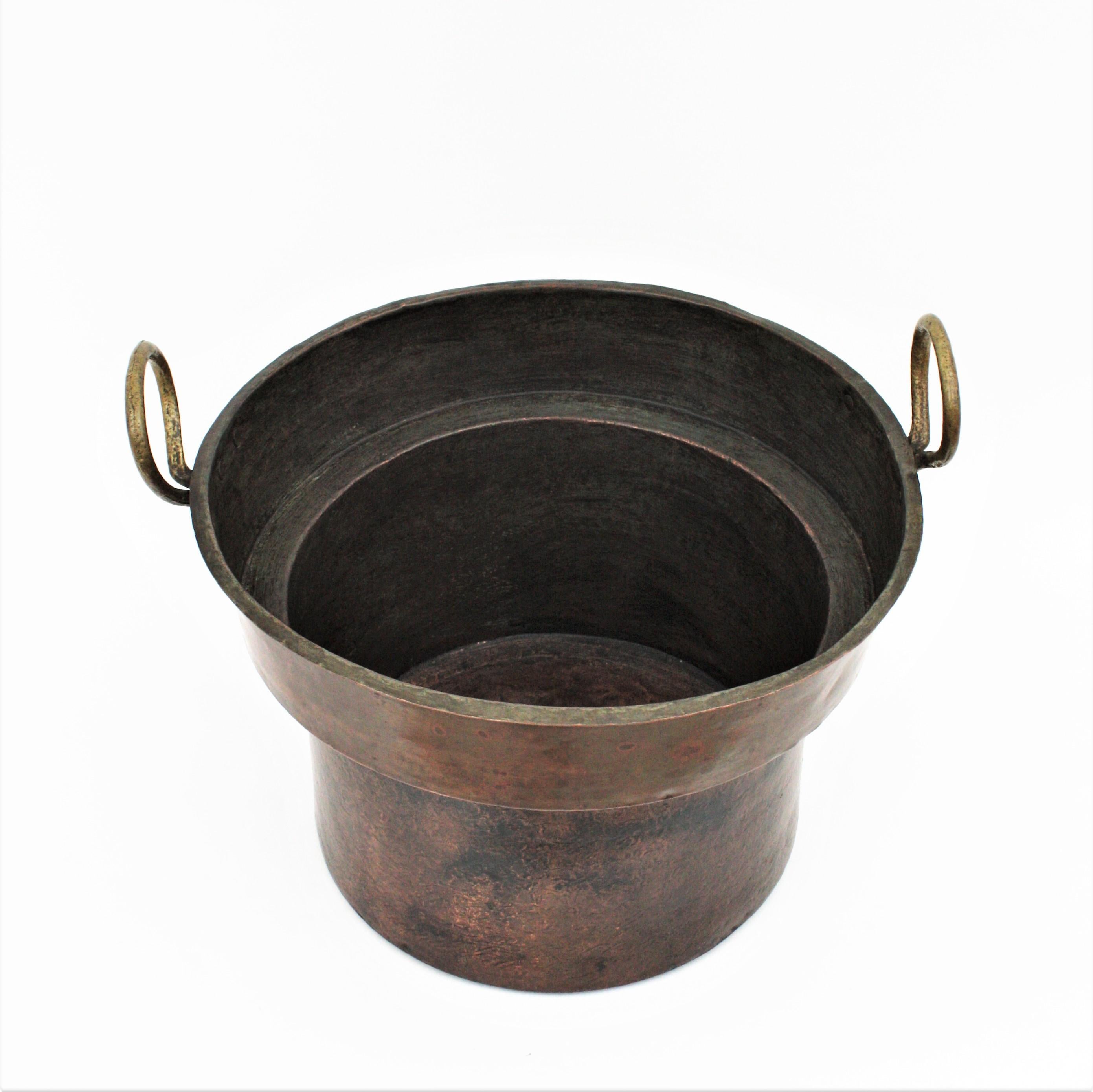 Massive 19th Century French Copper and Brass Cauldron with Handles 3