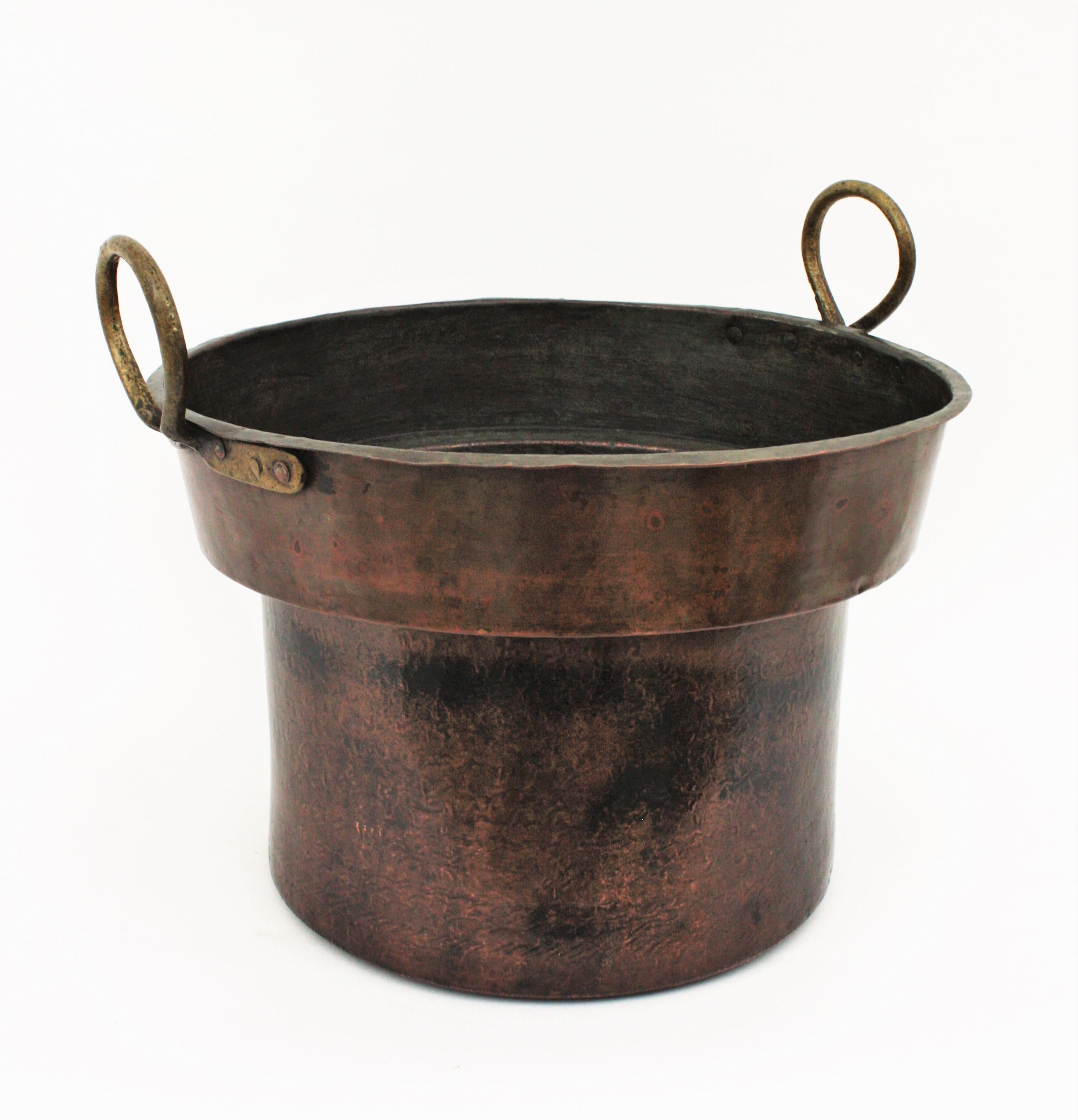 Massive 19th Century French Copper and Brass Cauldron with Handles 4