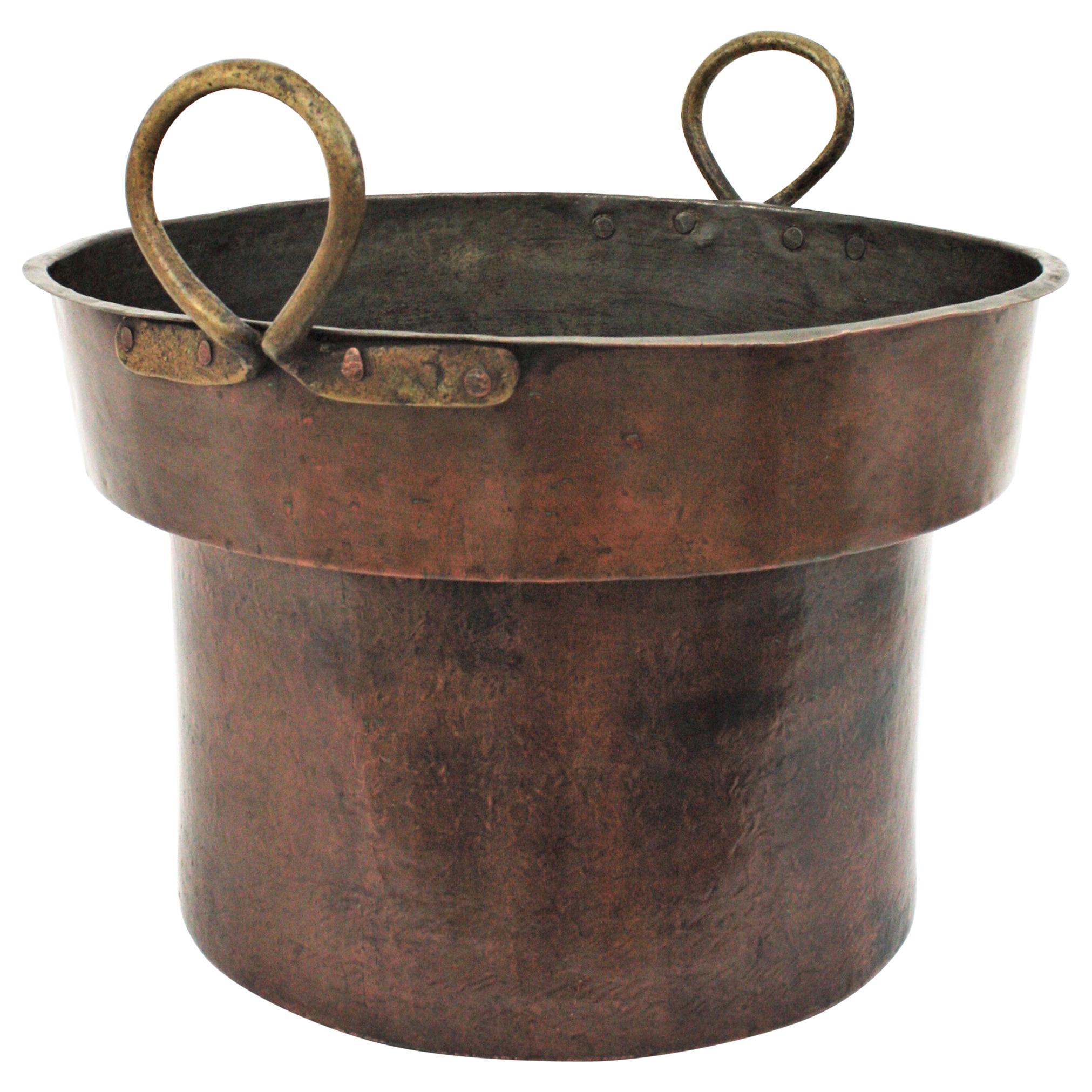 Massive 19th Century French Copper and Brass Cauldron with Handles