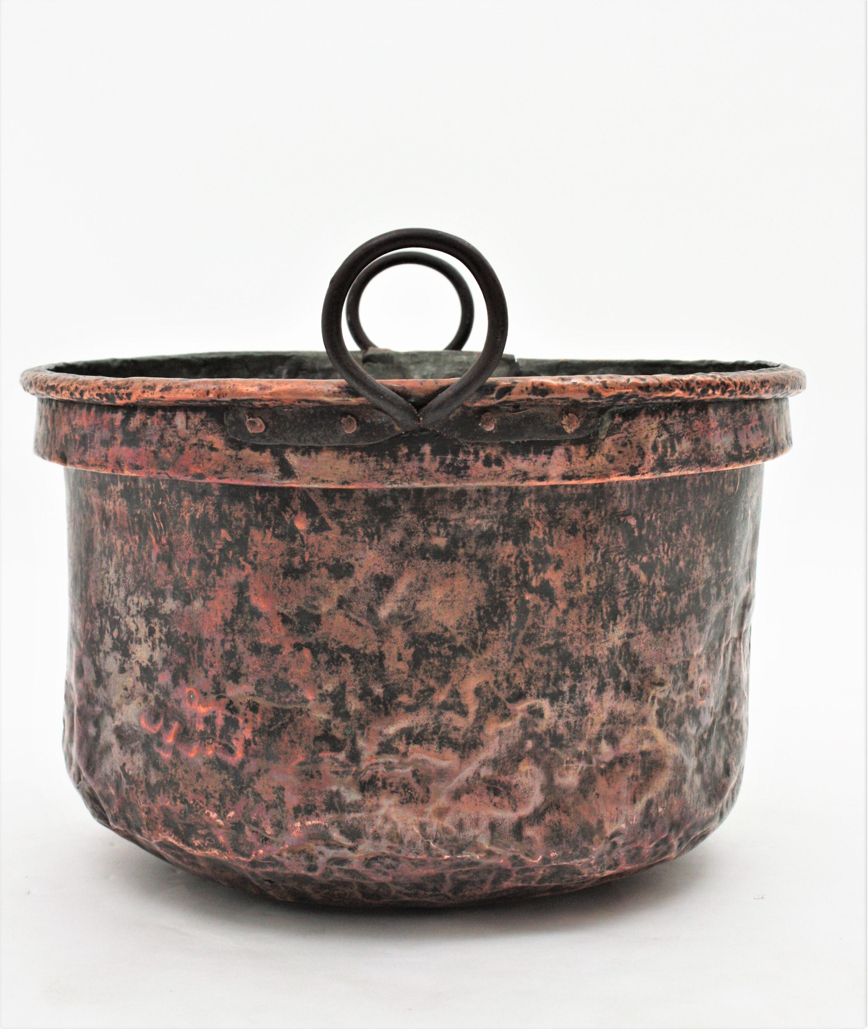 Hammered Massive 19th Century French Copper Cauldron with Handles and Terrific Patina