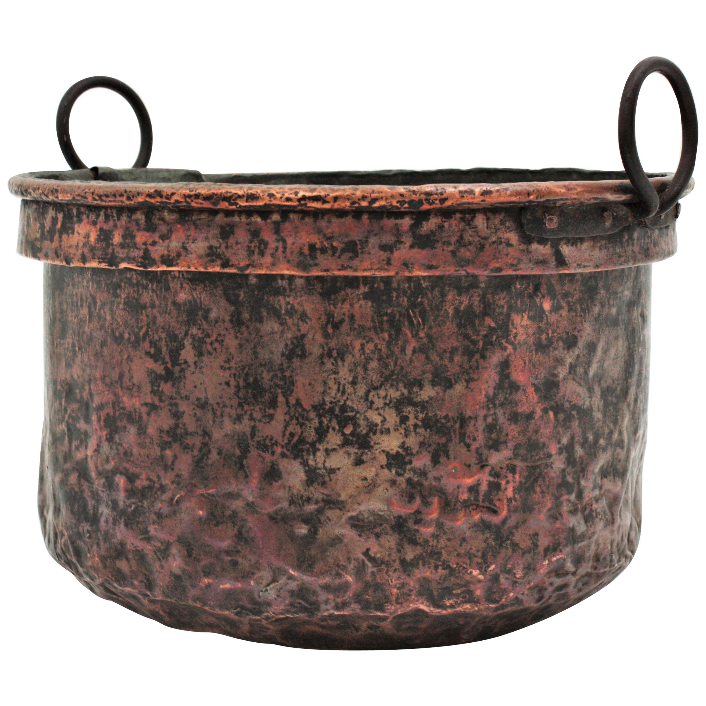 Massive 19th Century French Copper Cauldron with Handles and Terrific Patina