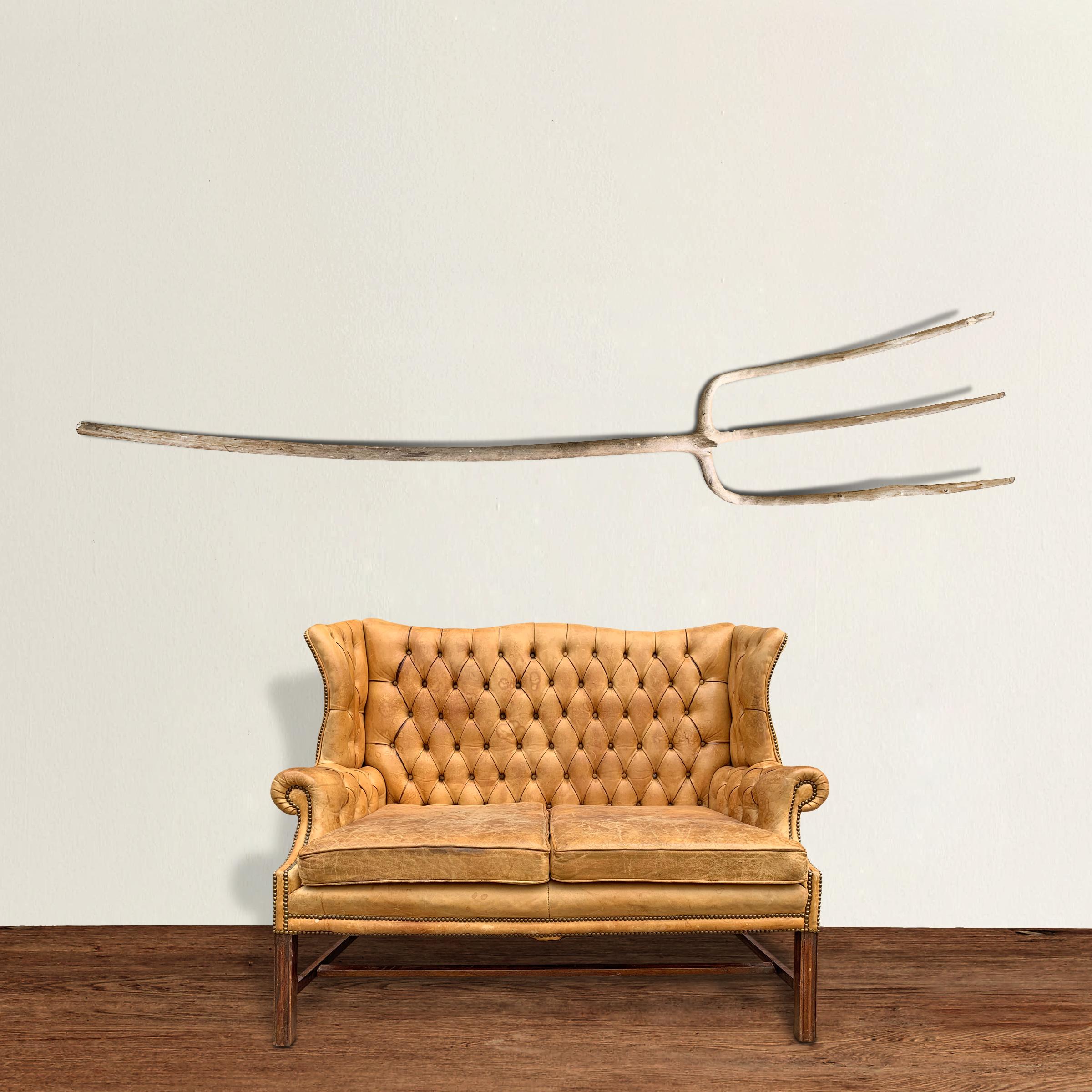 A wonderfully sculptural massive 19th century French pitchfork with three tines, made from a trained fruitwood tree. Pitchforks like these are made from trees that have been trained for several years to grow into the desired form, and then cut and