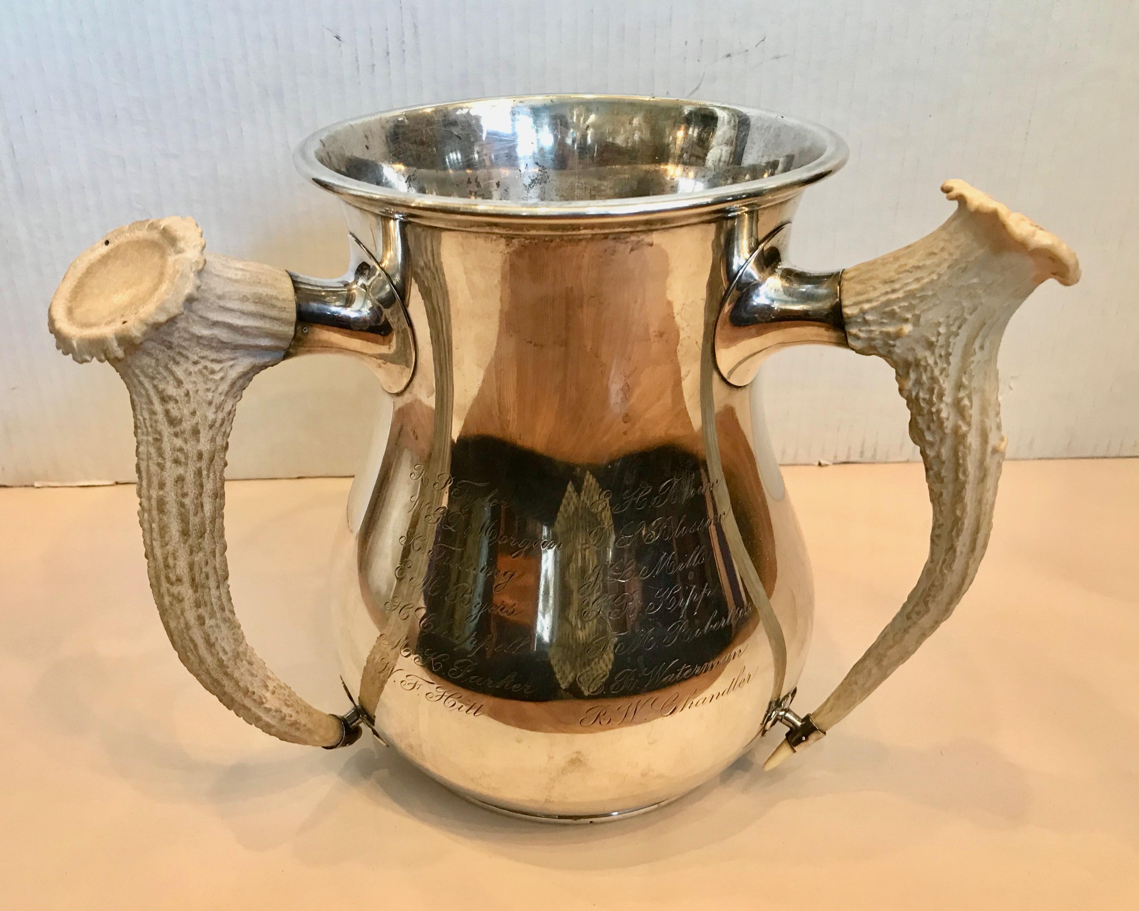 Massive 19TH Century Horn Appointed Sterling Silver Loving Cup / Trophy In Good Condition In West Palm Beach, FL