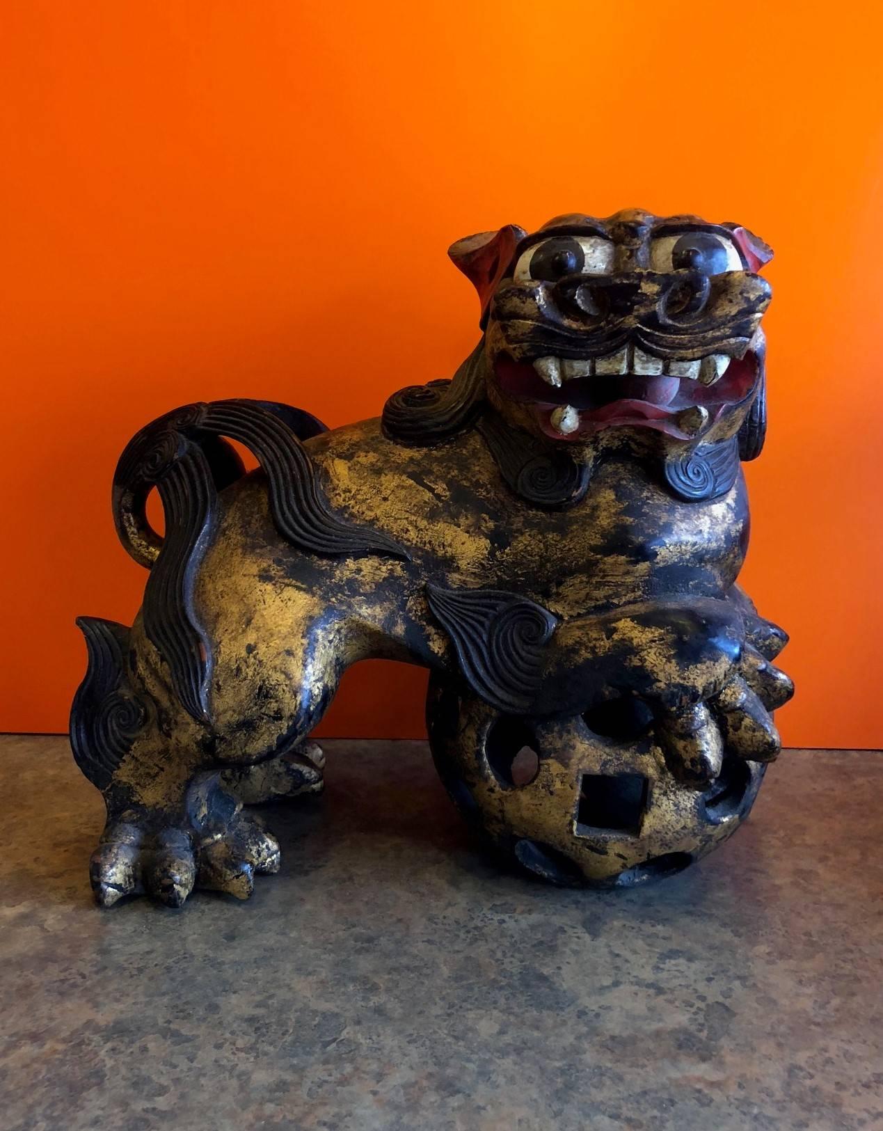 Massive 19th Century Polychrome Hand-Carved Giltwood Chinese Foo Dogs In Excellent Condition In San Diego, CA