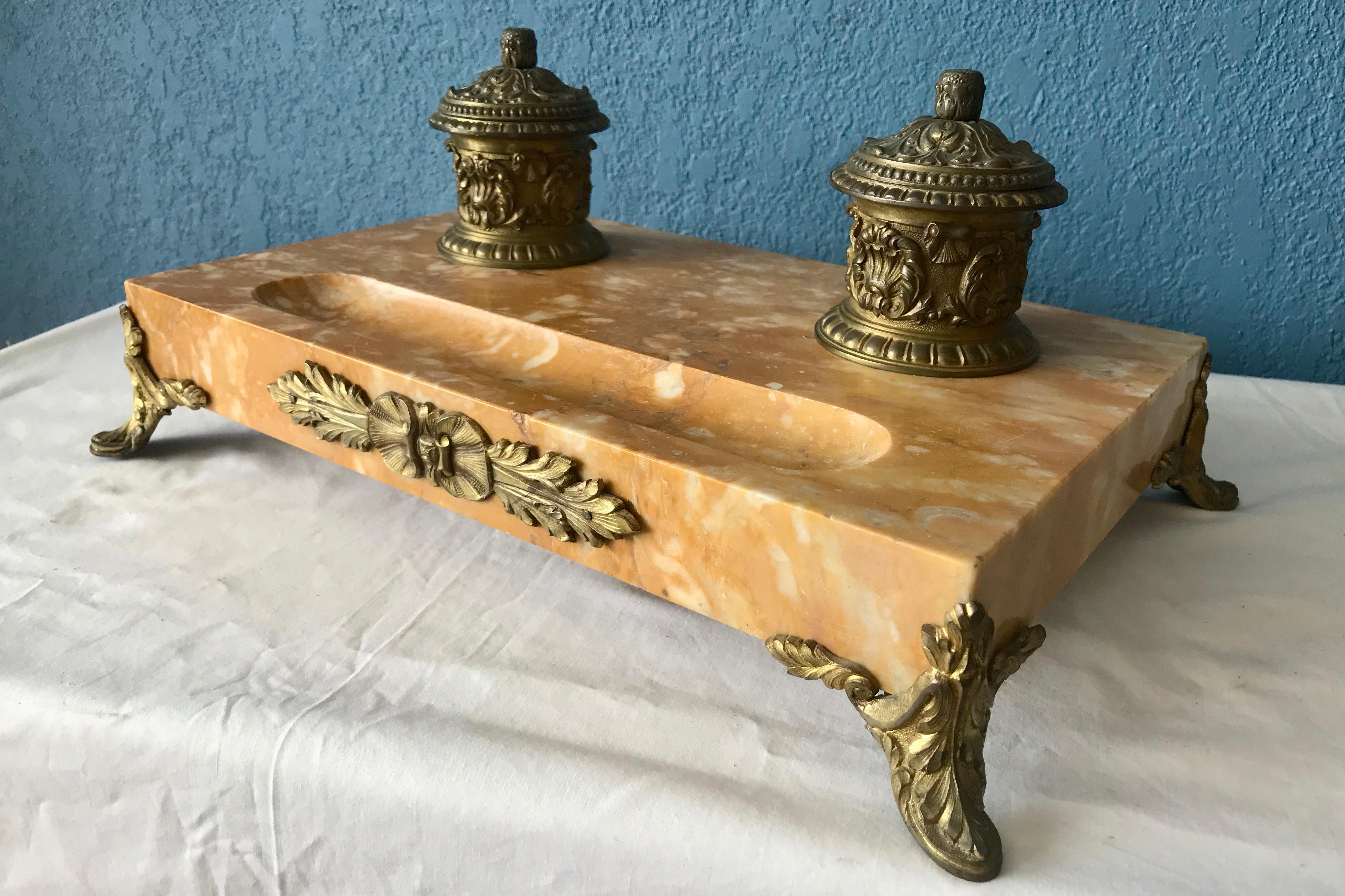 French Massive 19th Century Sienna Marble Inkwell For Sale