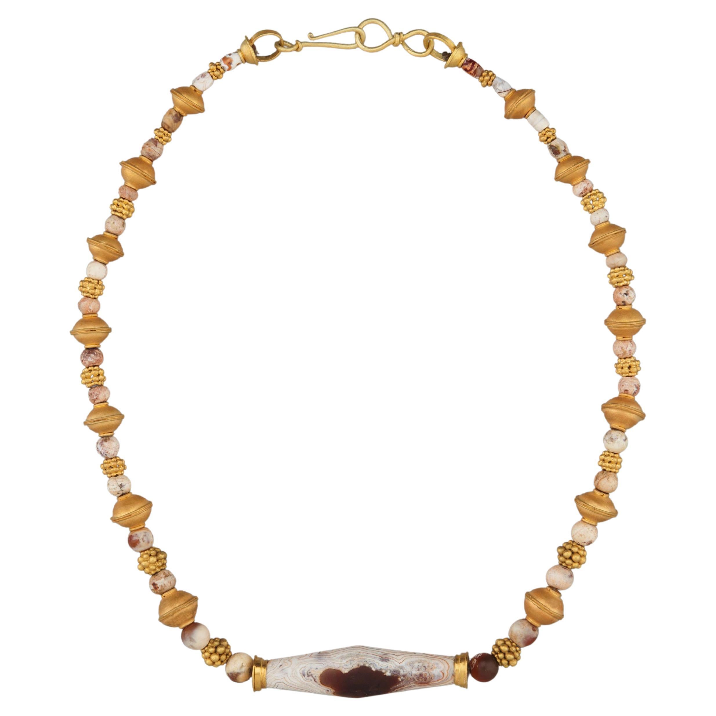 20k Gold Necklace with Four Thousand Year Old Capped Agate Barrel Bead For Sale