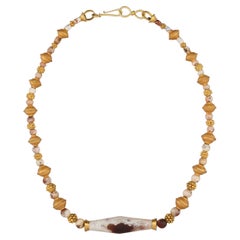 Antique 20k Gold Necklace with Four Thousand Year Old Capped Agate Barrel Bead
