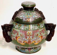 Massive 20th Century Chinese Archaic Style Cloisonné Covered Urn/ Censor