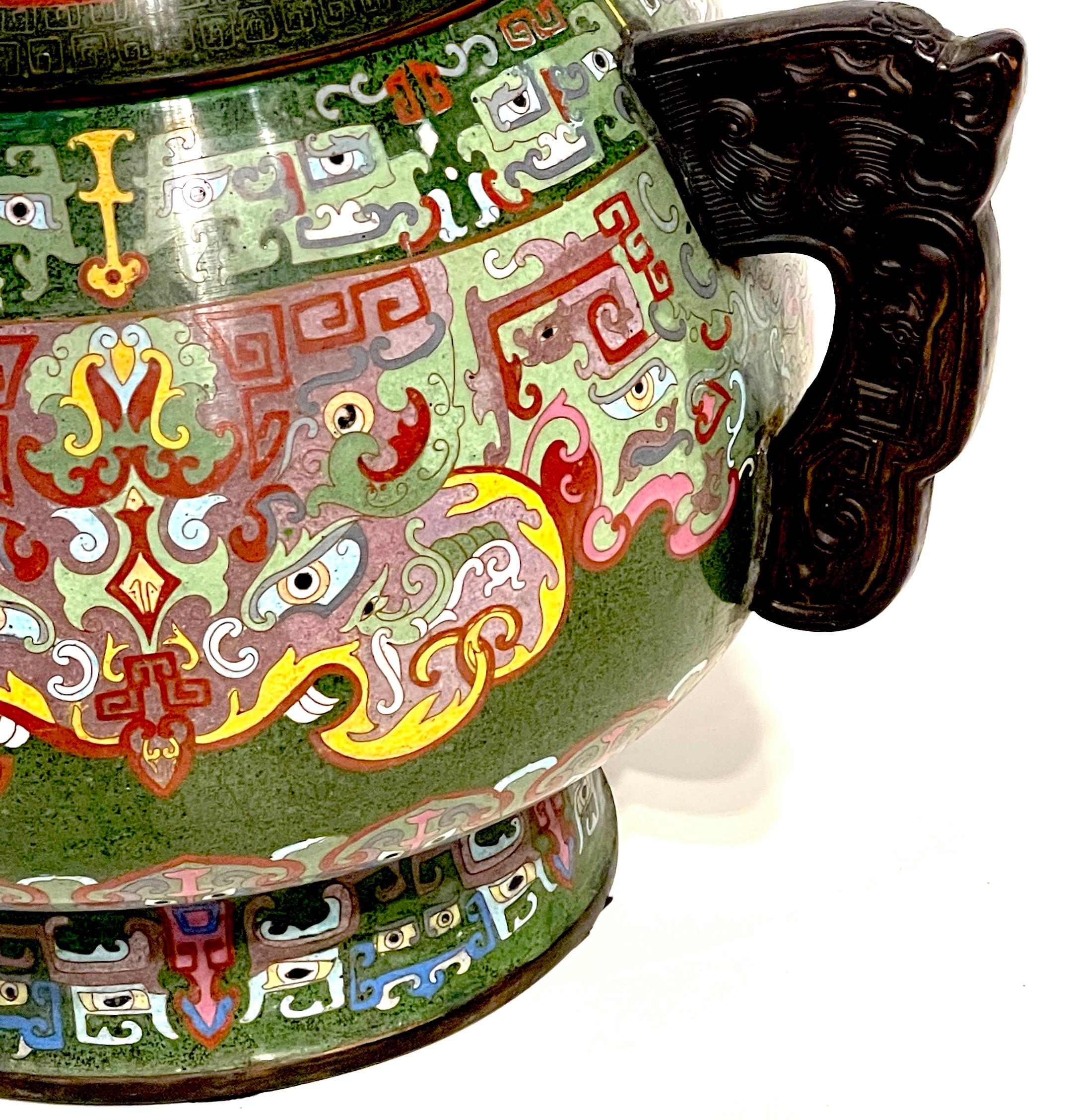 Cloissoné Massive 20th Century Chinese Archaic Style Cloisonné Covered Urn/ Censor  For Sale