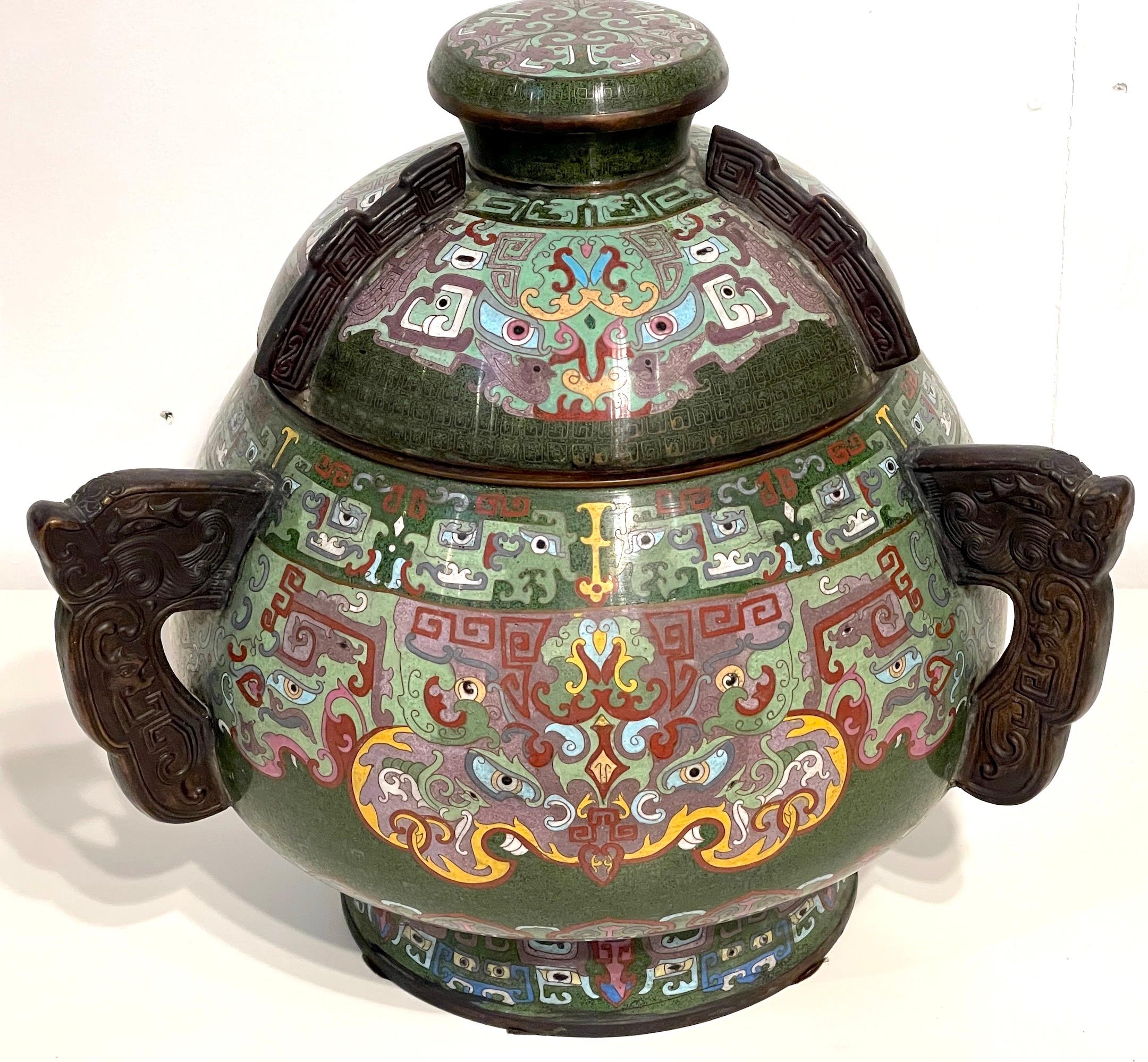 Massive 20th Century Chinese Archaic Style Cloisonné Covered Urn/ Censor  In Good Condition For Sale In West Palm Beach, FL