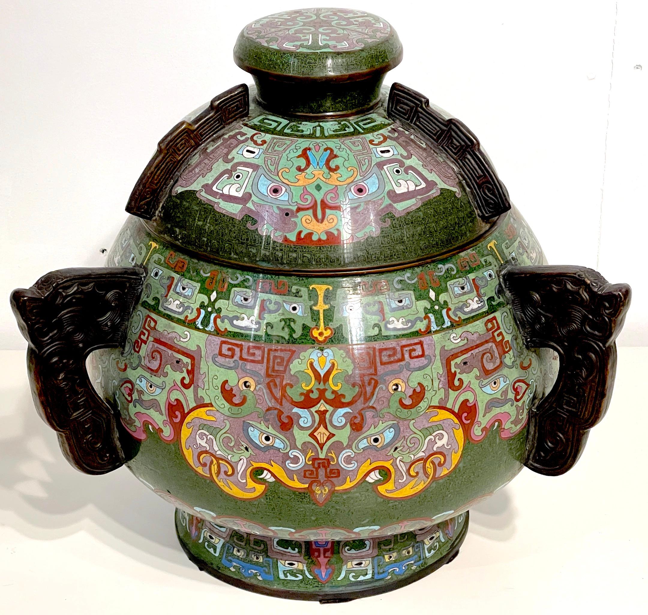 Massive 20th Century Chinese Archaic Style Cloisonné Covered Urn/ Censor  For Sale 3