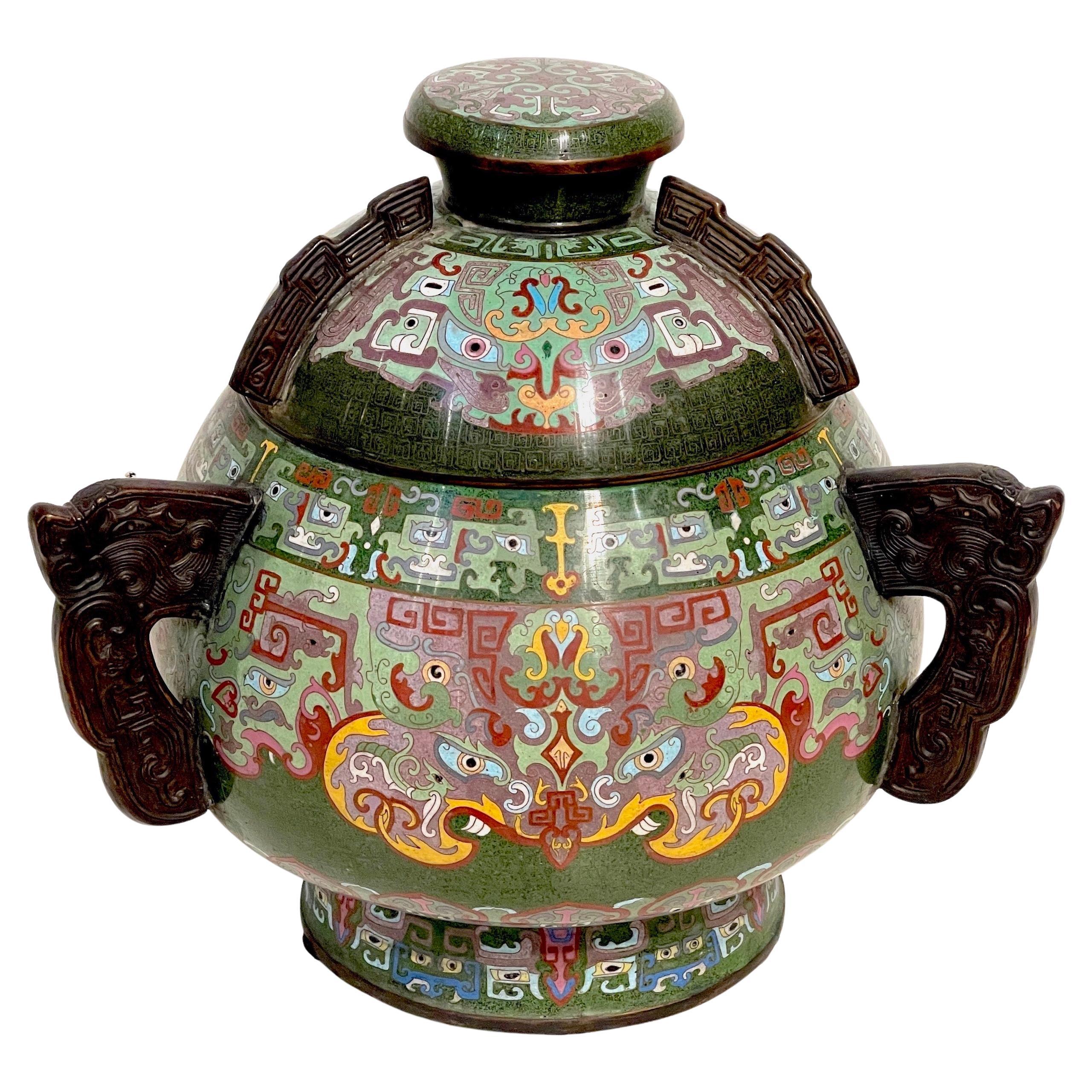 Massive 20th Century Chinese Archaic Style Cloisonné Covered Urn/ Censor  For Sale
