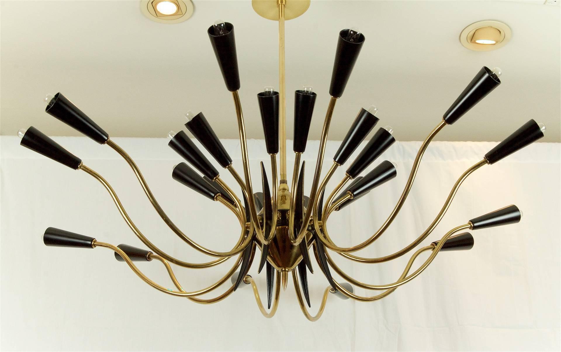 Massive 24-Arm Stilnovo Style Brass and Black Enamel Chandelier 3