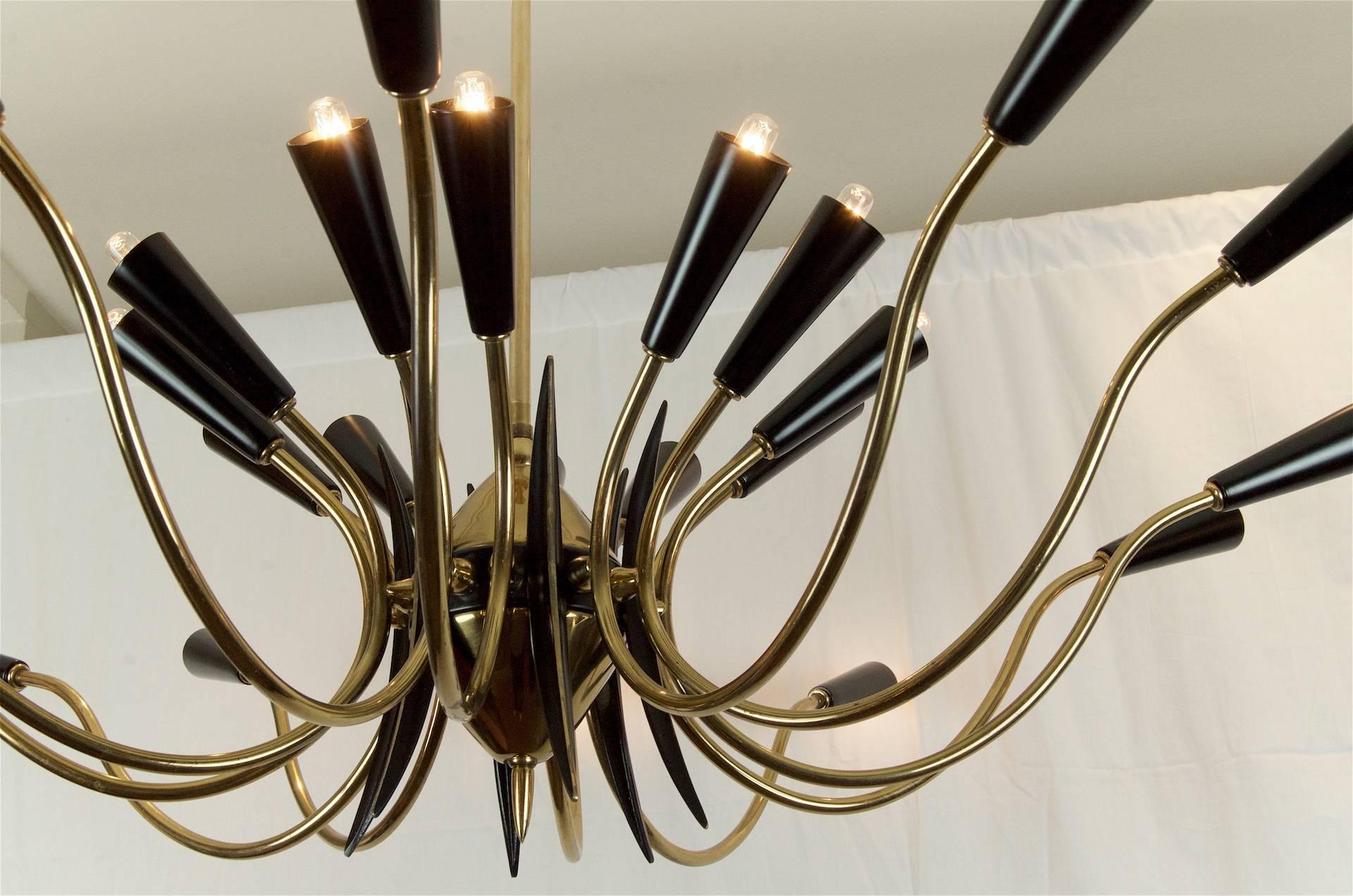 Enameled Massive 24-Arm Stilnovo Style Brass and Black Enamel Chandelier