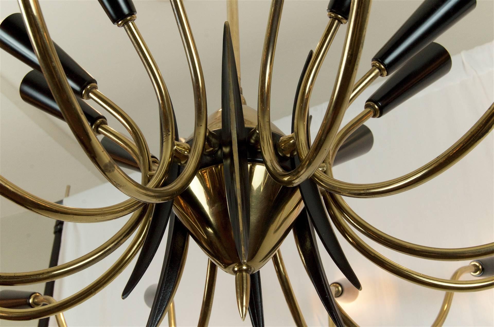 Massive 24-Arm Stilnovo Style Brass and Black Enamel Chandelier In Excellent Condition In Stamford, CT