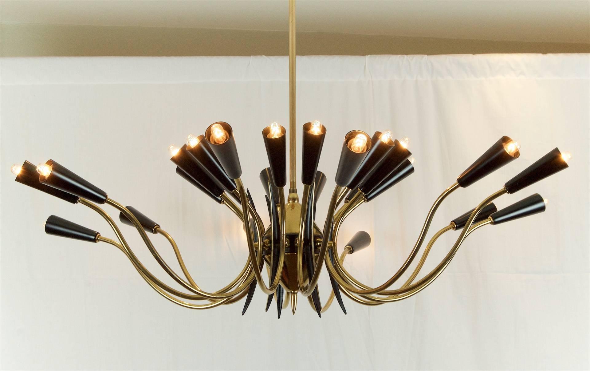 Massive 24-Arm Stilnovo Style Brass and Black Enamel Chandelier 1