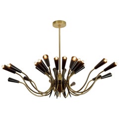 Vintage Massive 24-Arm Stilnovo Style Brass and Black Enamel Chandelier