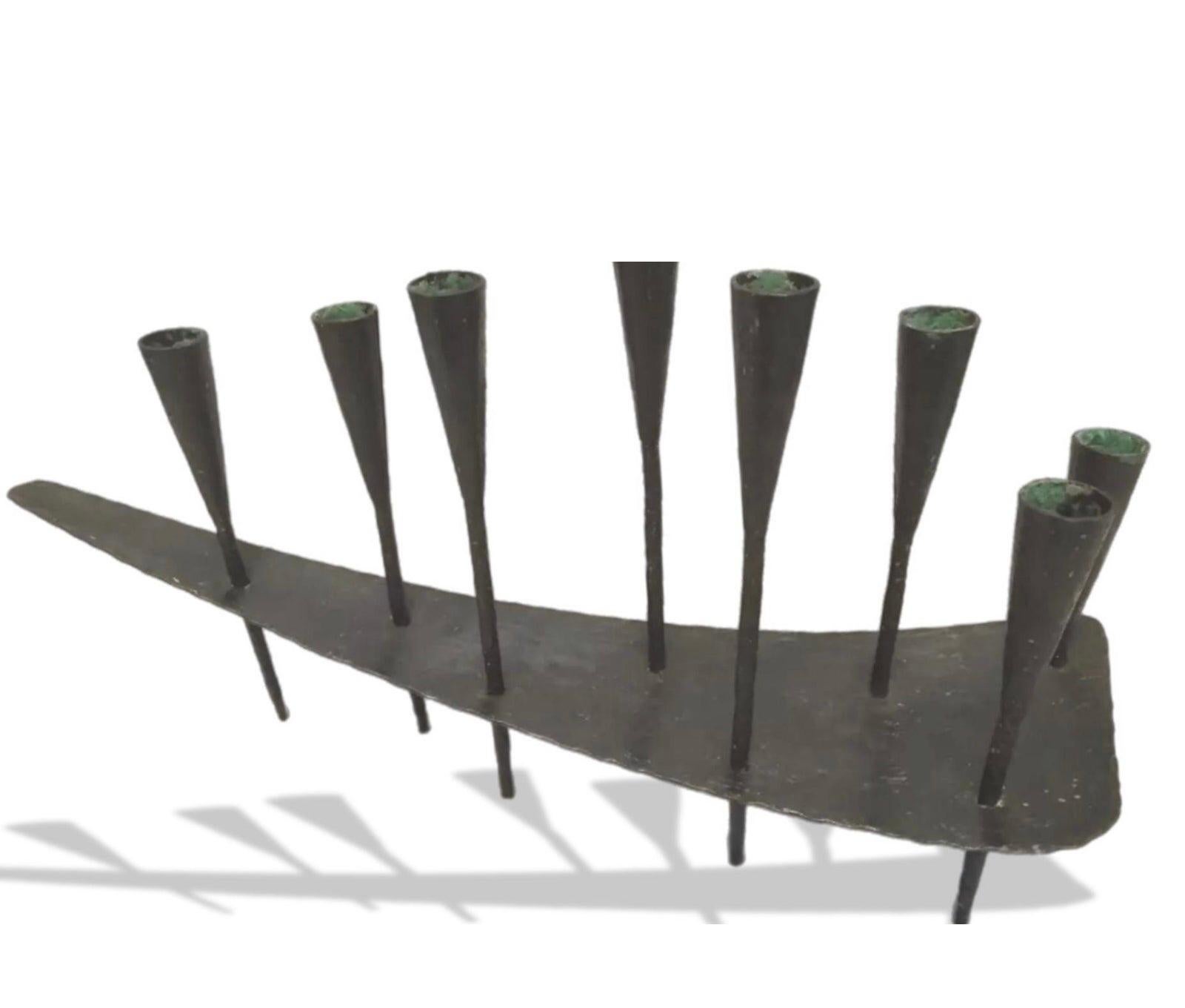 Massive 2Ft Mid Century Modern Iron Brutalist Noguchi Insp Sculptural Candelabra In Good Condition For Sale In St.Petersburg, FL