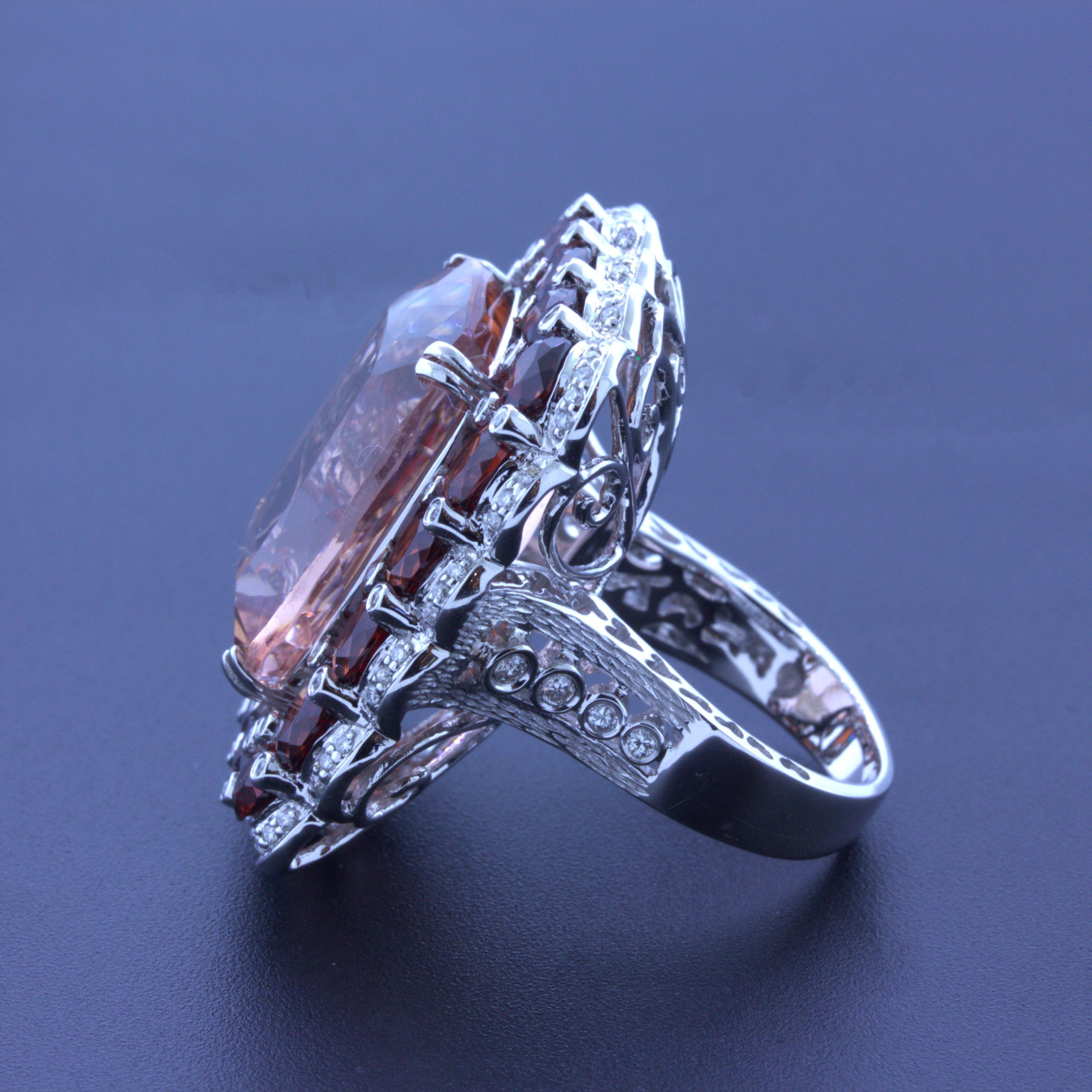 Massive 30.39 Carat Morganite Diamond Garnet 18k White Gold Cocktail Ring In New Condition For Sale In Beverly Hills, CA