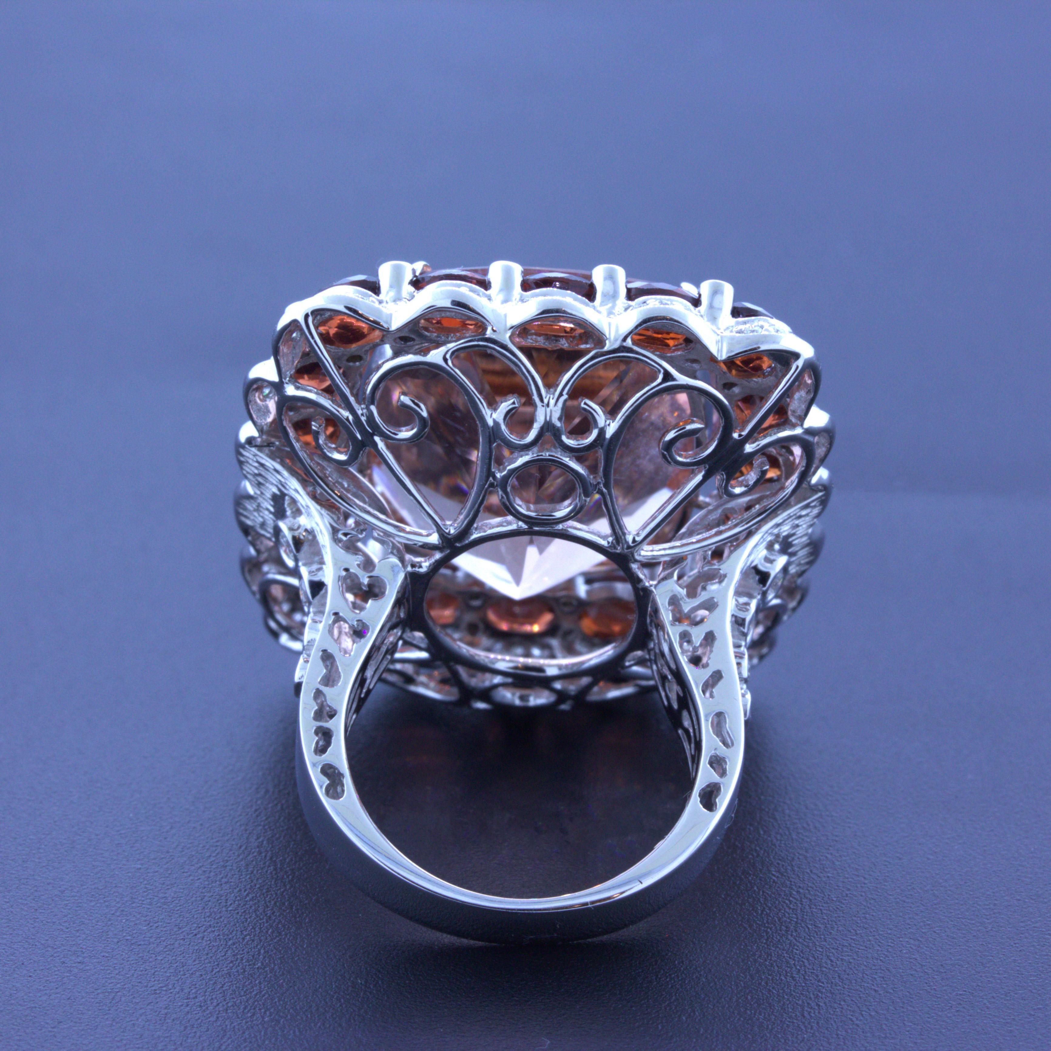 Women's Massive 30.39 Carat Morganite Diamond Garnet 18k White Gold Cocktail Ring For Sale