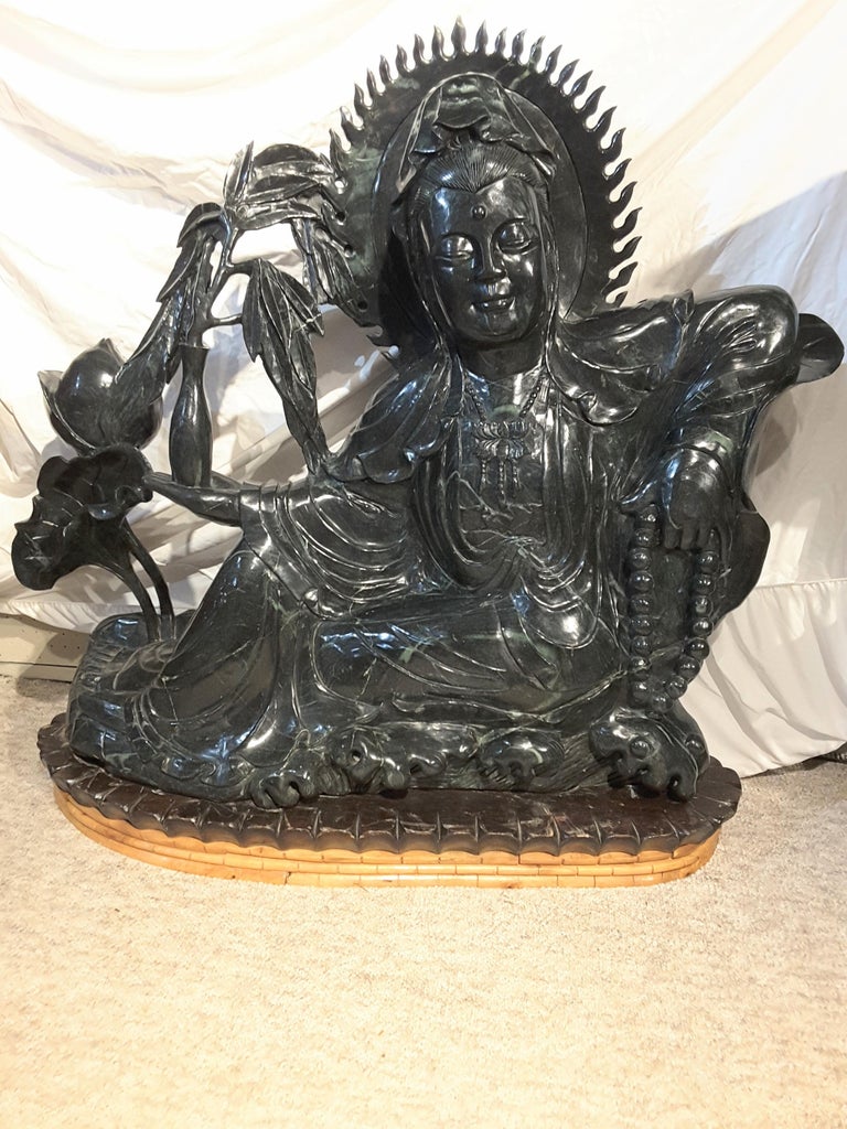 Massive Chinese Guanyin Statue in Jade-Like Green Hardstone For Sale 3