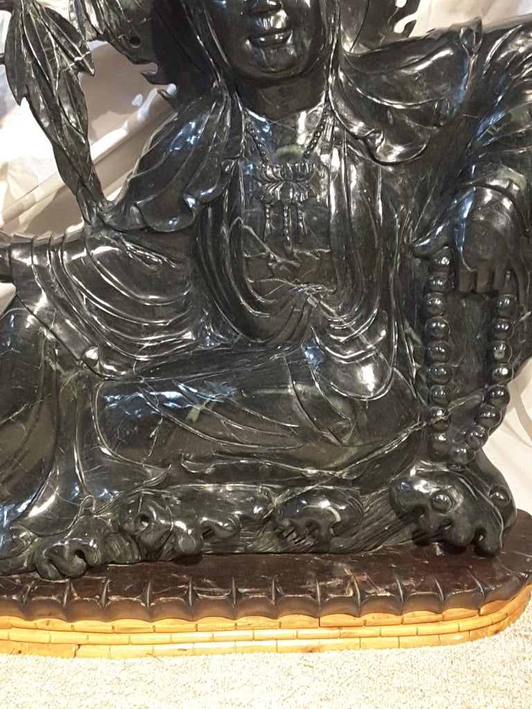 Massive Chinese Guanyin Statue in Jade-Like Green Hardstone For Sale 4