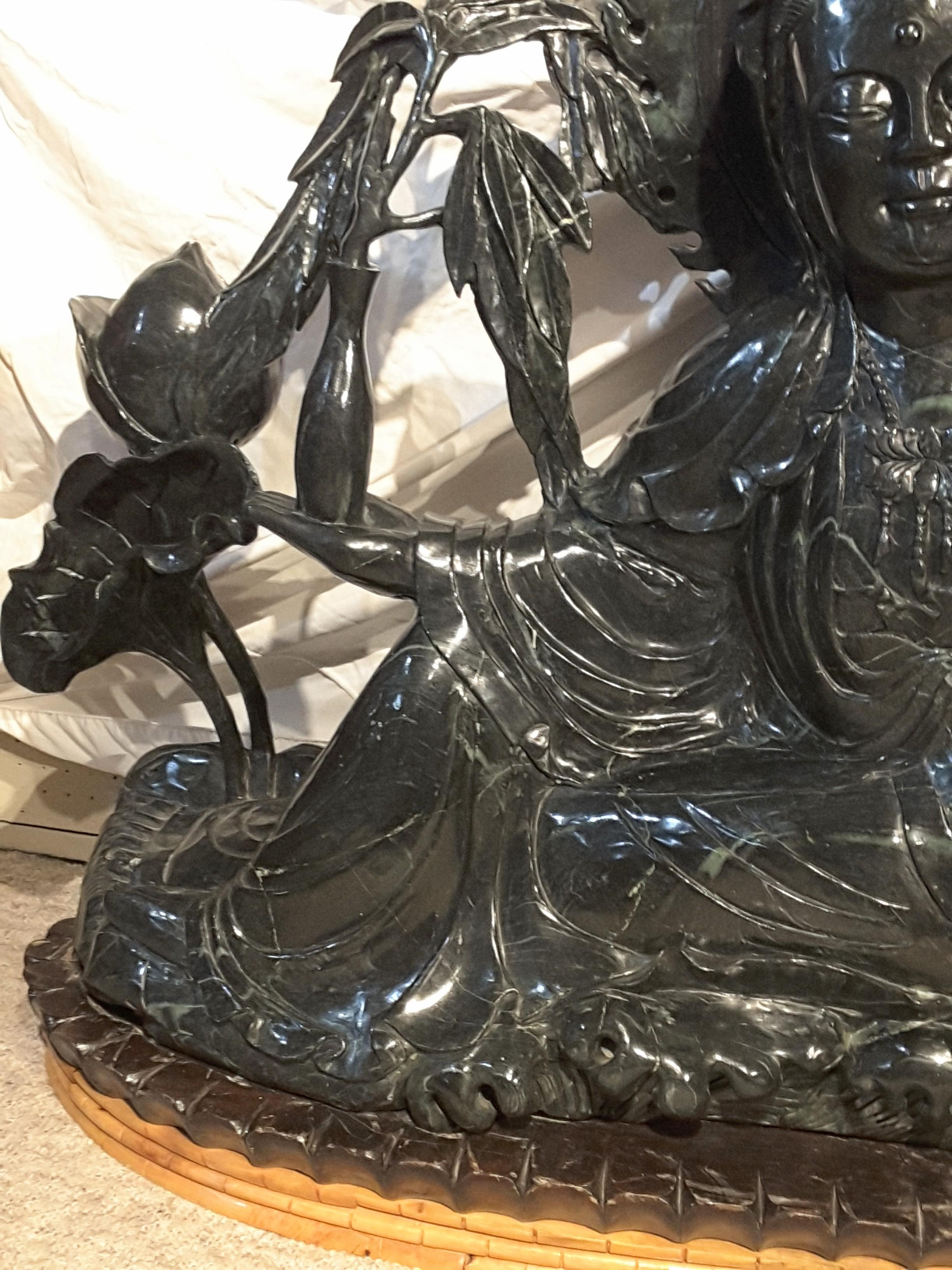 Massive Chinese Guanyin Statue in Jade-Like Green Hardstone For Sale 5