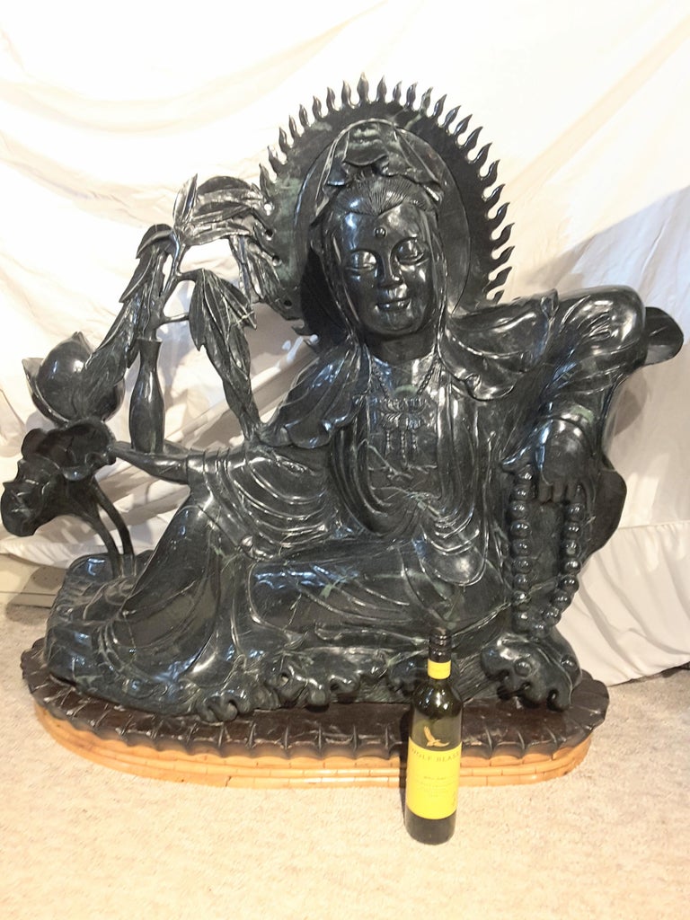 Massive Chinese Guanyin Statue in Jade-Like Green Hardstone For Sale 6