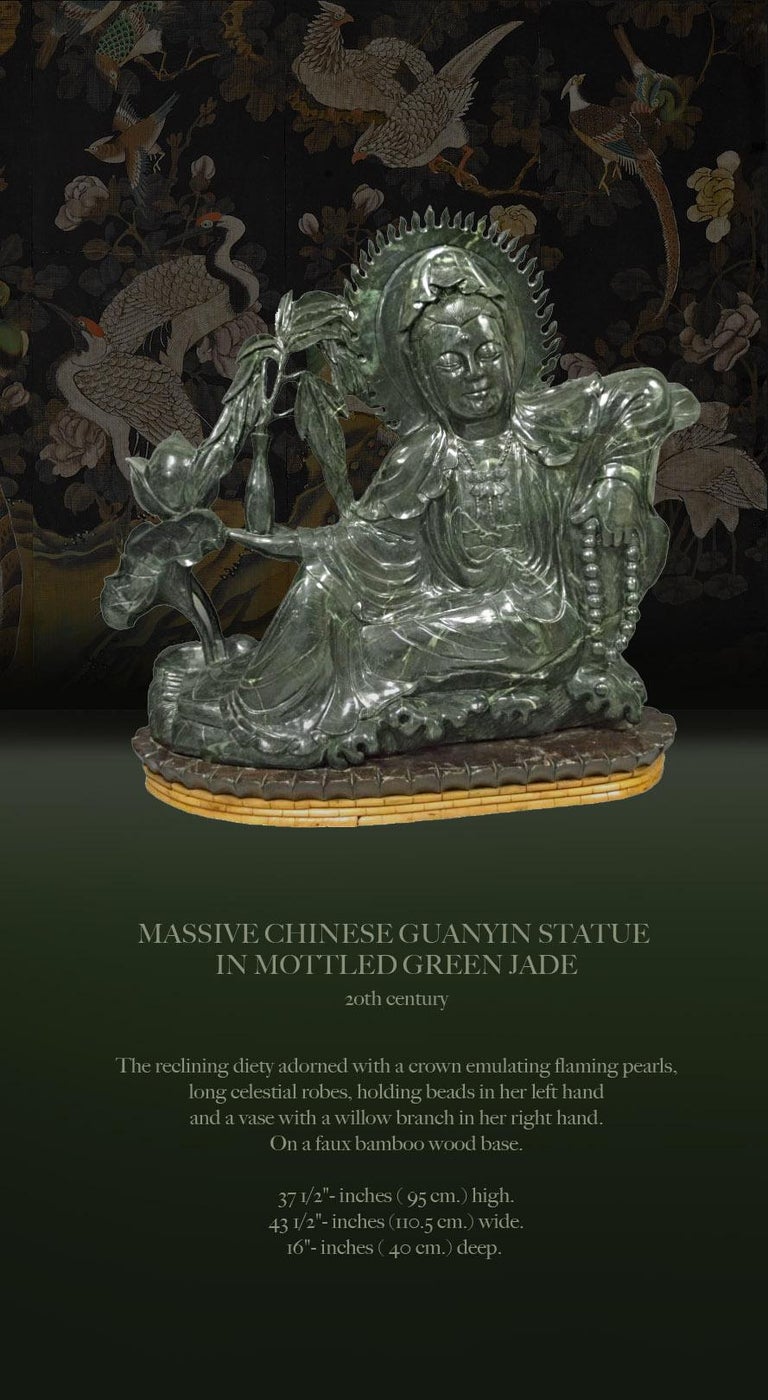 Chinese Export Massive Chinese Guanyin Statue in Jade-Like Green Hardstone For Sale