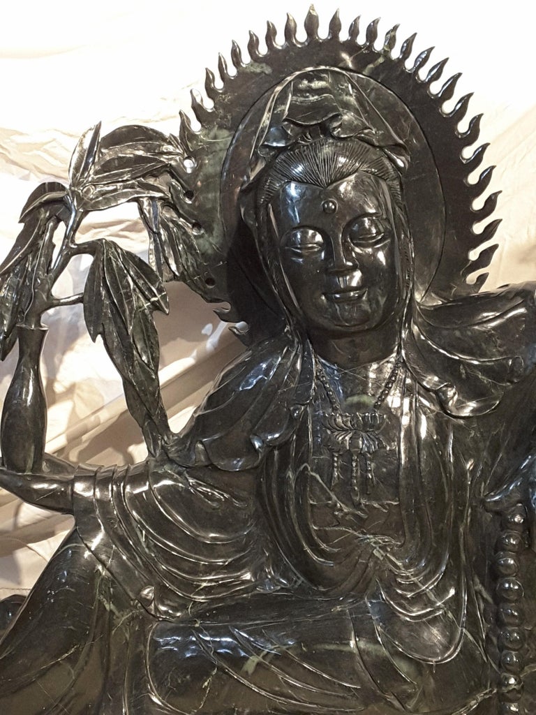 Hand-Crafted Massive Chinese Guanyin Statue in Jade-Like Green Hardstone For Sale