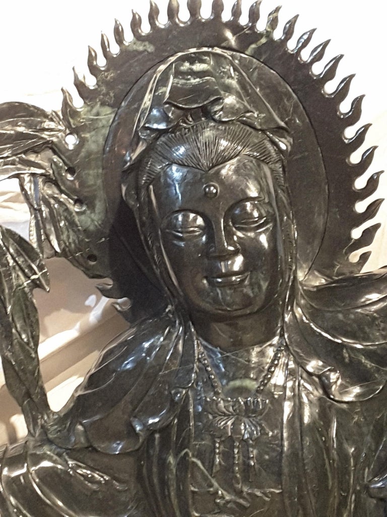 Other Massive Chinese Guanyin Statue in Jade-Like Green Hardstone For Sale