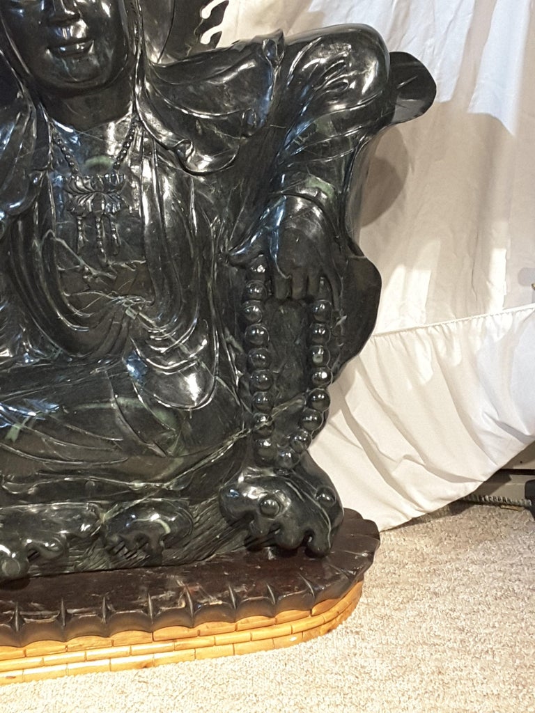 Massive Chinese Guanyin Statue in Jade-Like Green Hardstone For Sale 2
