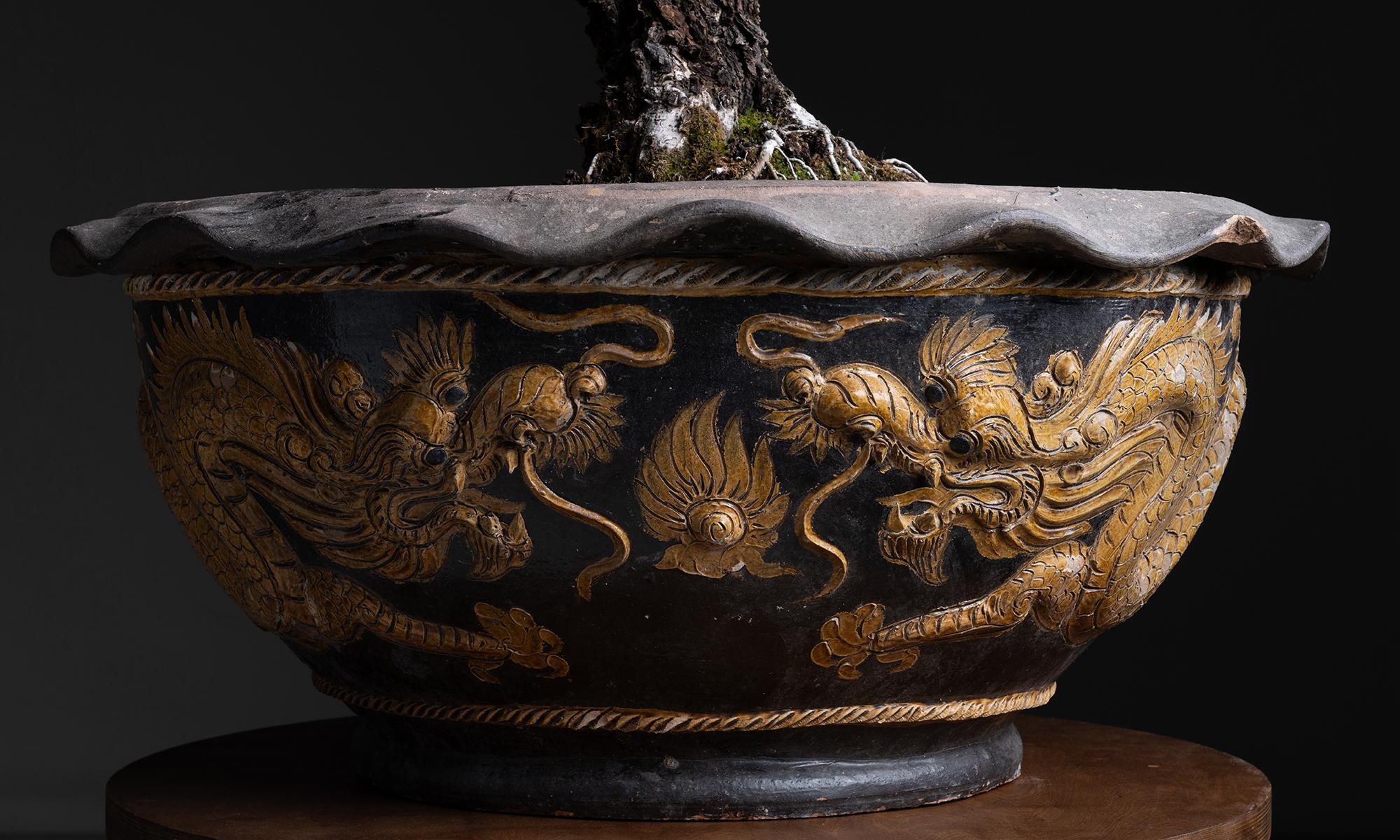 Hand-Carved Massive 39 Inch Terracotta Dragon Bowl, Japan circa 1950