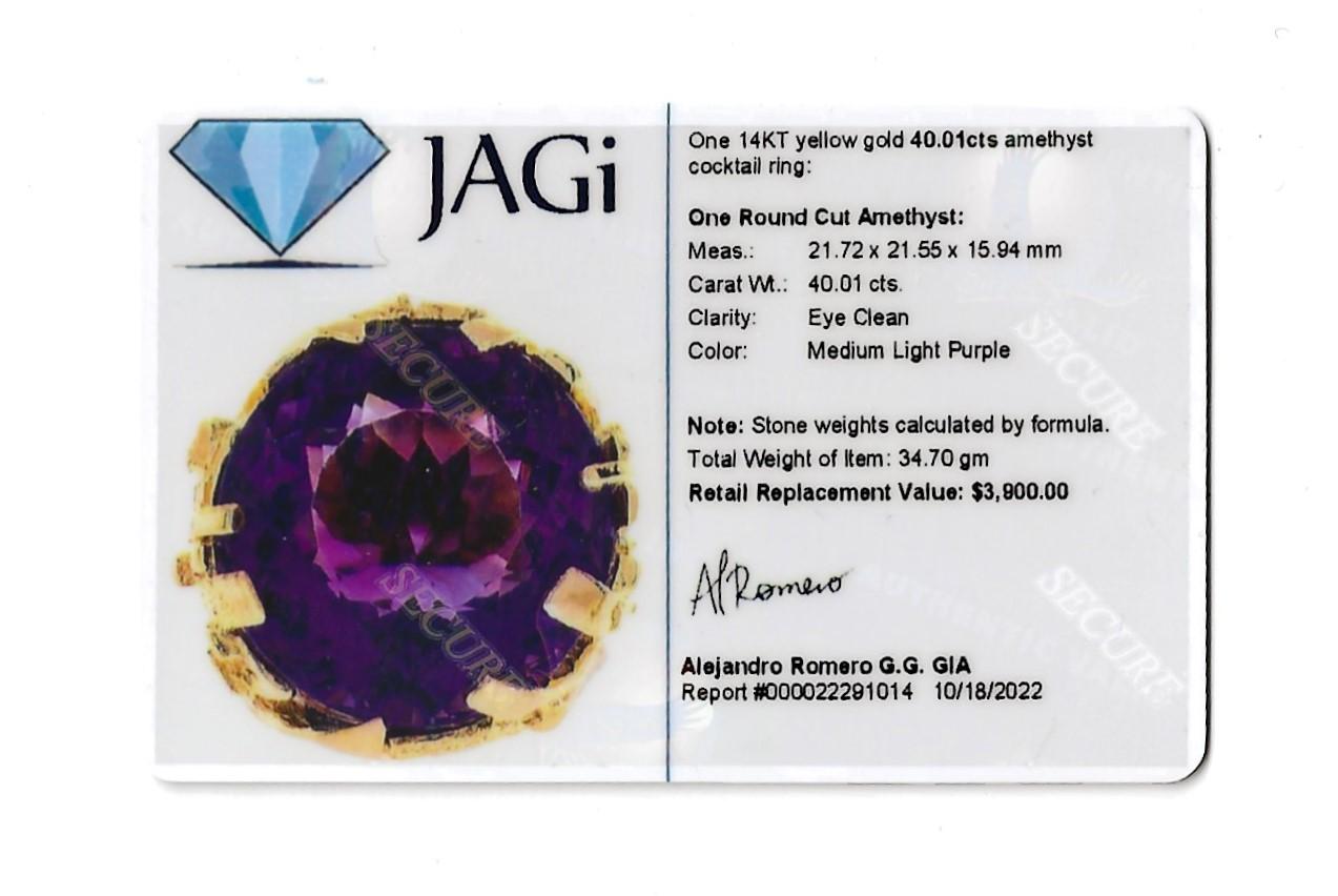 Massive 40.01 Carat Round Cut Amethyst Solitaire Cocktail Ring in Yellow Gold  For Sale 12