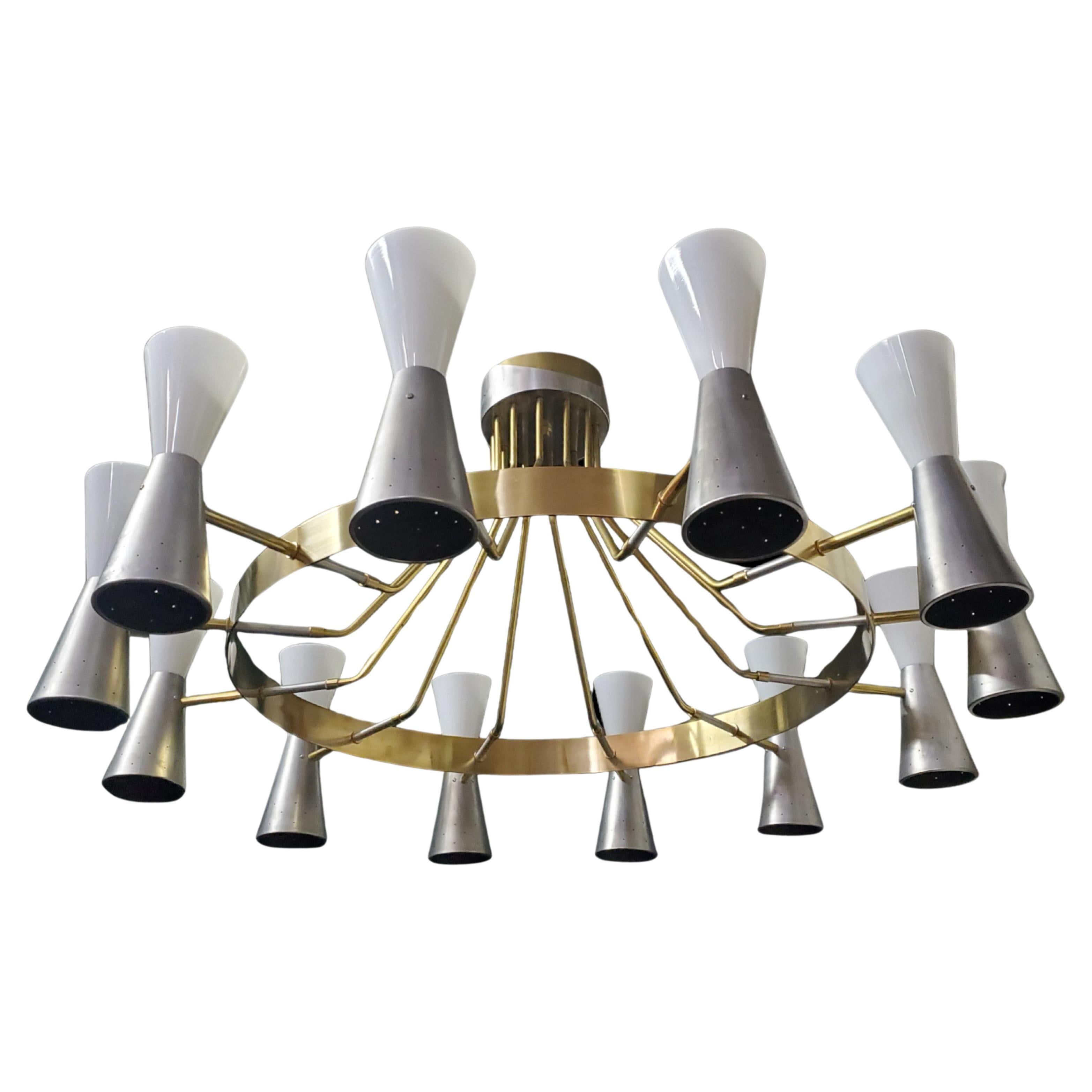 Massive 62" Wide Mid Century Modern 24 light circular cone chandelier Lightolier For Sale