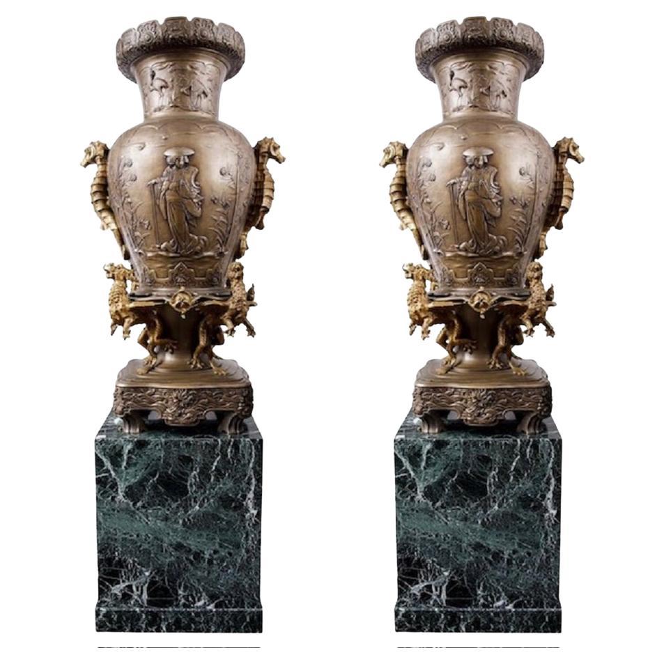 Massive 65" pair of Japonisme style gilt + bronze urns /vases by Alban Chambon For Sale