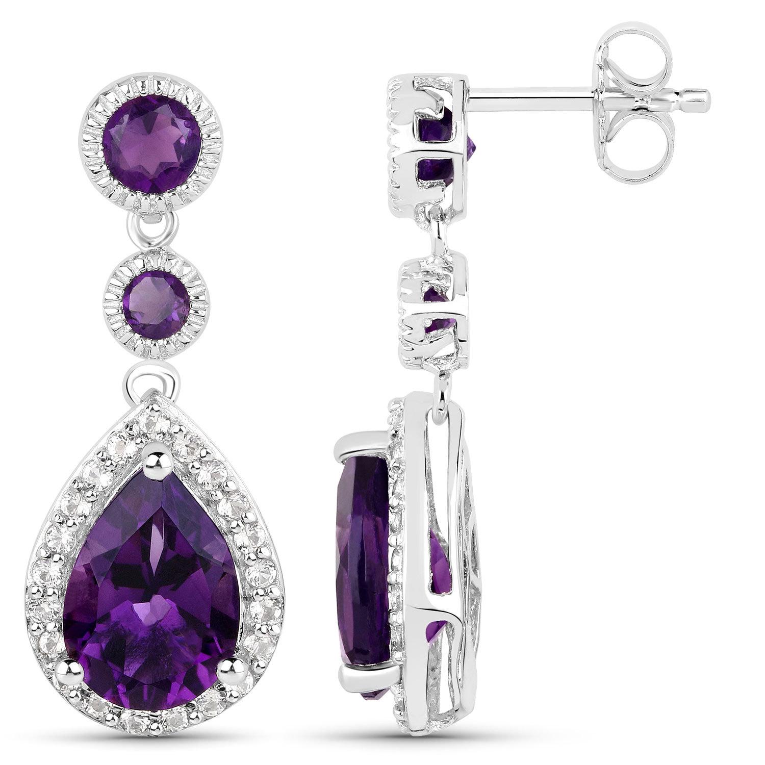 It comes with the appraisal by GIA GG/AJP 
Amethyst = 6.15 Carats
Cut: Pear, Round
Stone Quantity: 6
White Topaz = 0.85 Carats
Cut: Round
Stone Quantity: 42
Metal: 18K White Gold Plated Silver
Post With Friction Back
Height: 8.5 mm
Width: 12