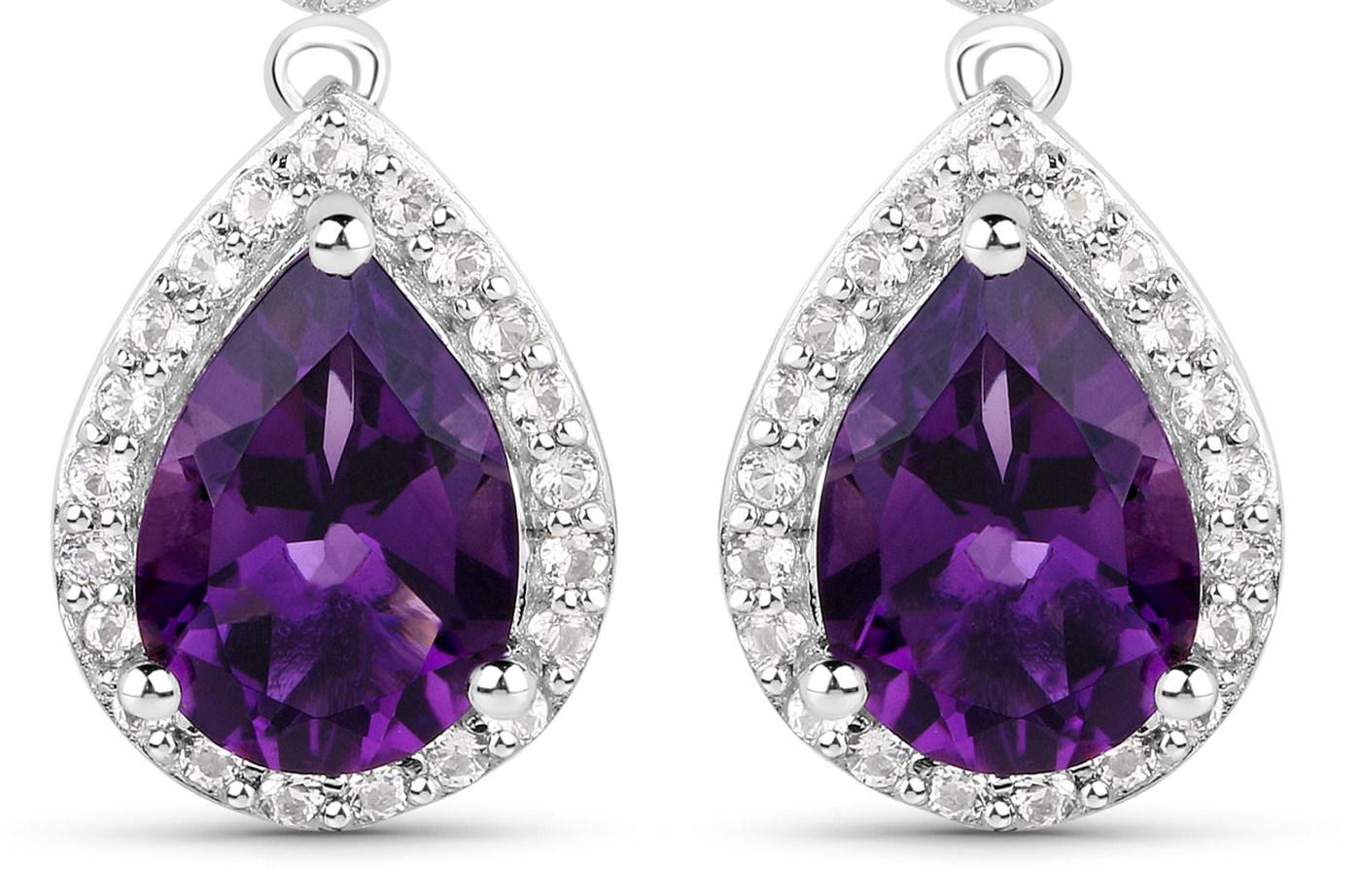 Contemporary Massive 7 Carats Amethyst and White Topaz Dangle Earrings 18k White Gold Plated For Sale