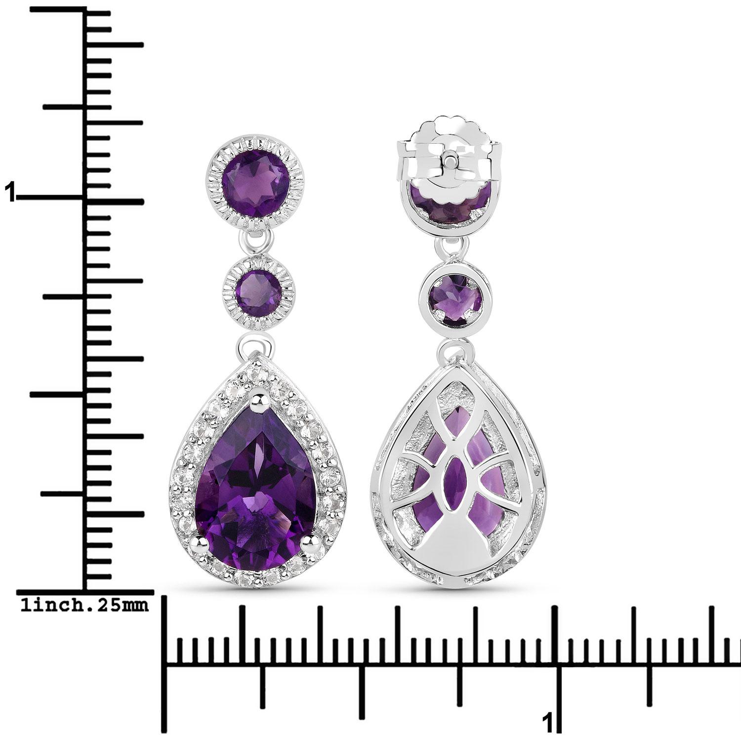 Mixed Cut Massive 7 Carats Amethyst and White Topaz Dangle Earrings 18k White Gold Plated For Sale
