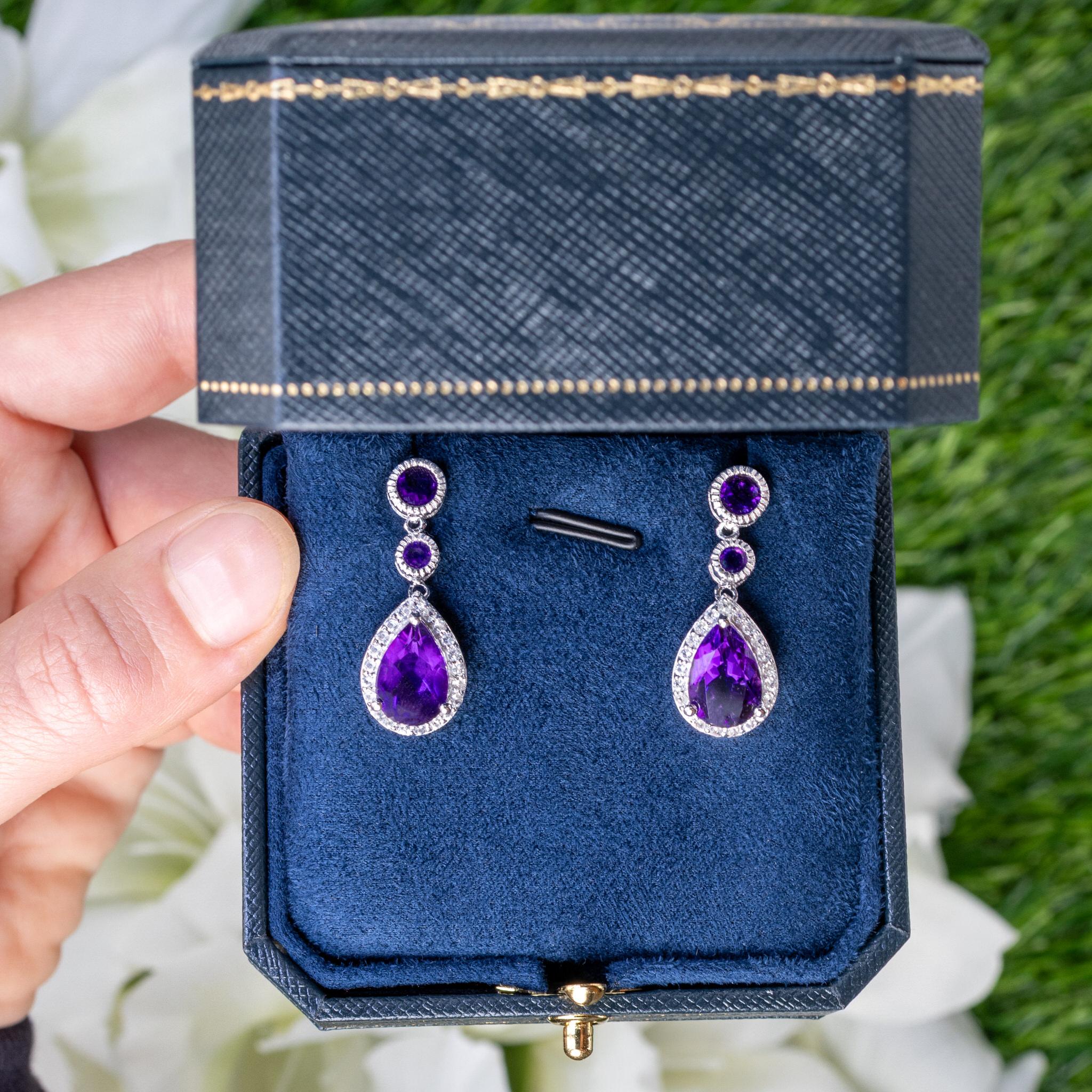 Contemporary Amethyst Dangle Earrings White Topaz 6.98 Carats 18K White Gold Plated Silver For Sale