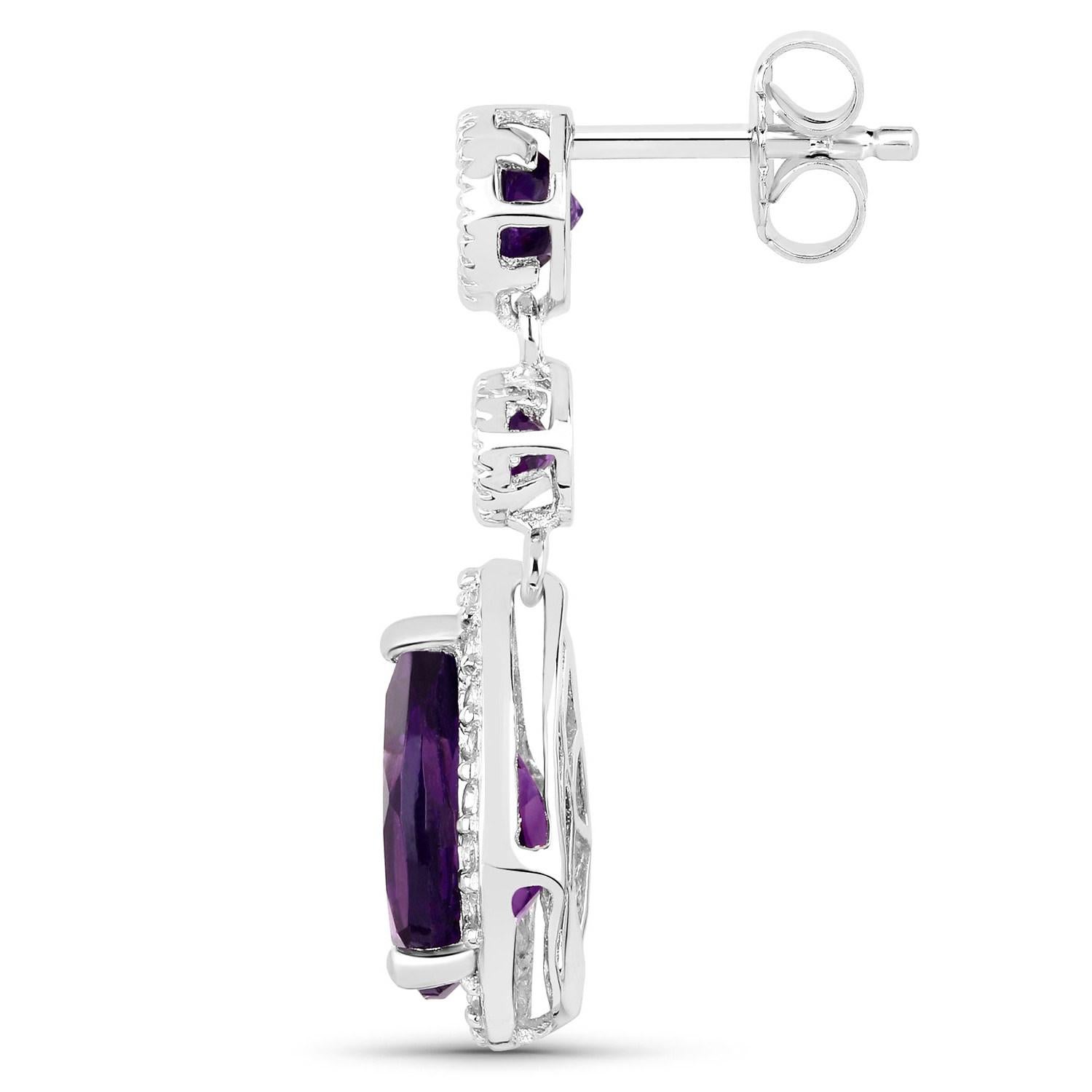 Women's Massive 7 Carats Amethyst and White Topaz Dangle Earrings 18k White Gold Plated For Sale