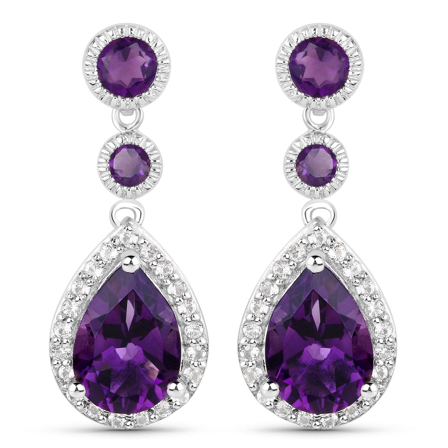 Massive 7 Carats Amethyst and White Topaz Dangle Earrings 18k White Gold Plated For Sale 1