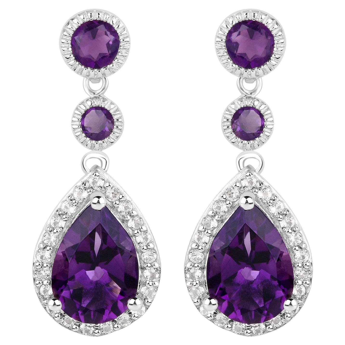 Massive 7 Carats Amethyst and White Topaz Dangle Earrings 18k White Gold Plated For Sale
