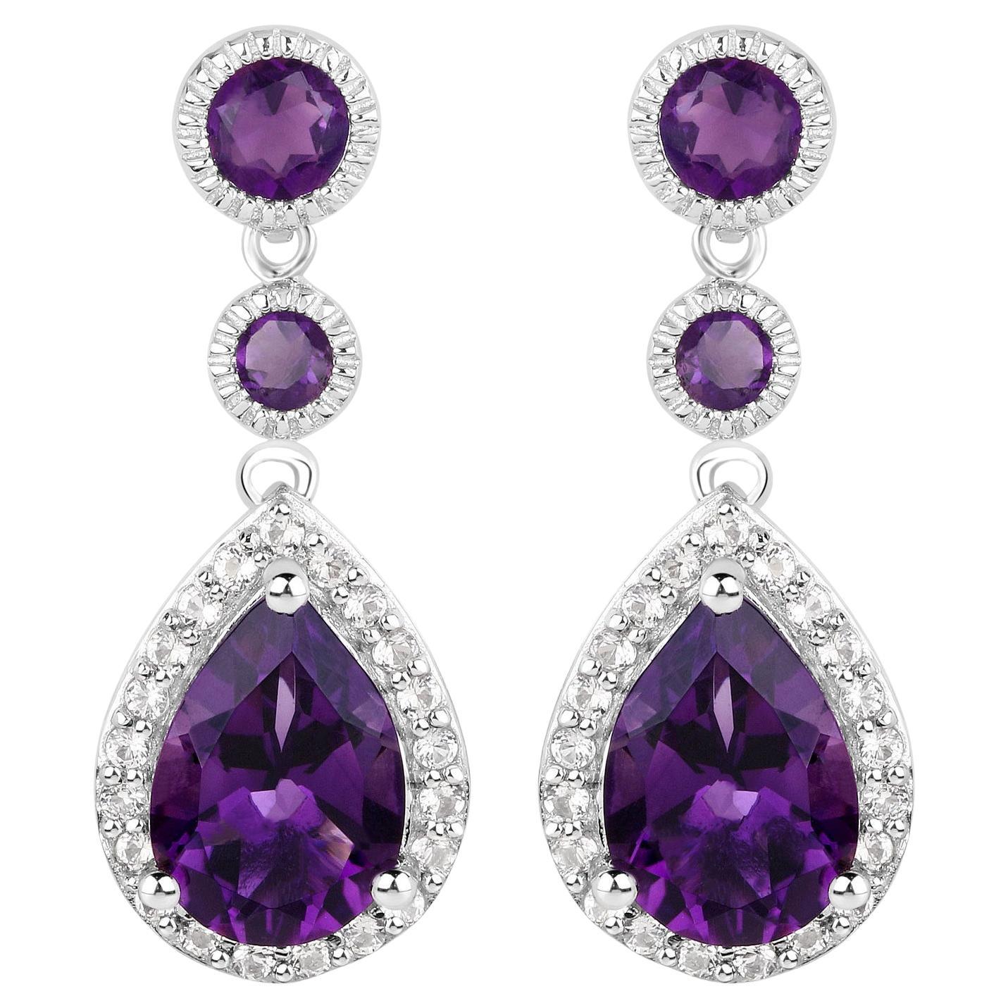 Amethyst Dangle Earrings White Topaz 6.98 Carats 18K White Gold Plated Silver