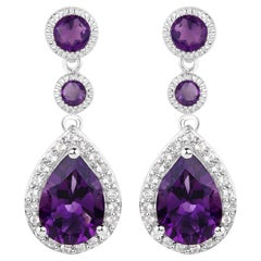 Massive 7 Carats Amethyst and White Topaz Dangle Earrings 18k White Gold Plated