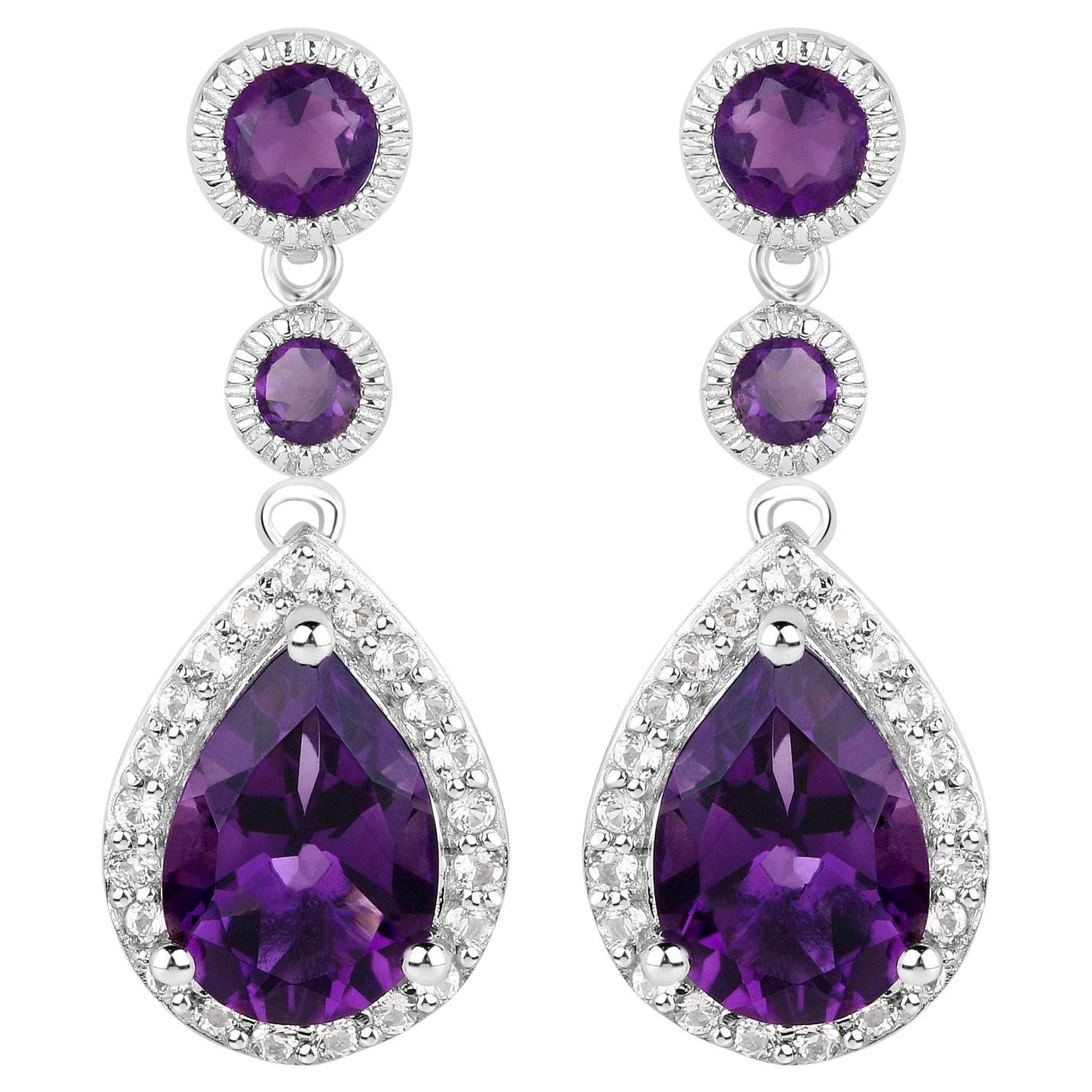 Pendientes colgantes de amatista Topacio blanco 6,98 quilates Plata chapada en oro blanco de 18 quilates